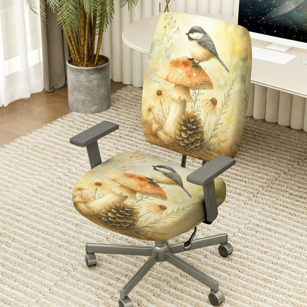 2-Piece Autumn Nature Bird Mushroom Pinecone Botanical  Computer Chair Cover Set, Seat and Backrest