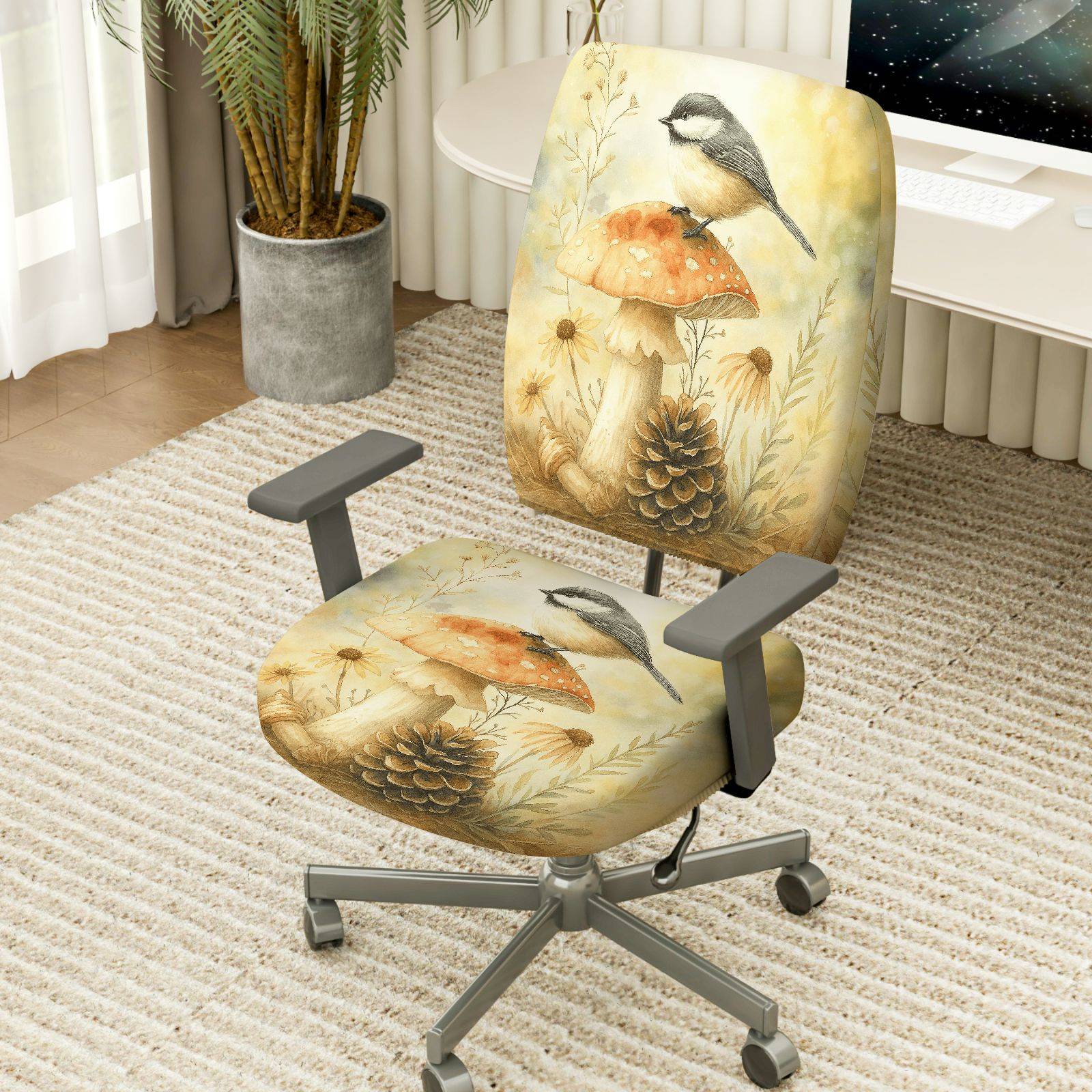 2-Piece Autumn Nature Bird Mushroom Pinecone Botanical  Computer Chair Cover Set, Seat and Backrest