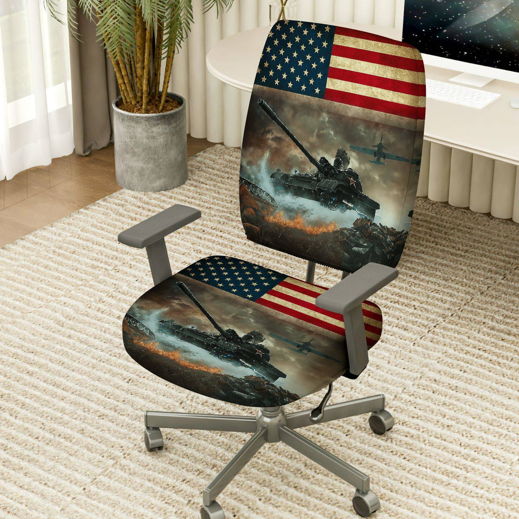 2-Piece American Flag Army Tank Battle Airplane  Computer Chair Cover Set, Seat and Backrest