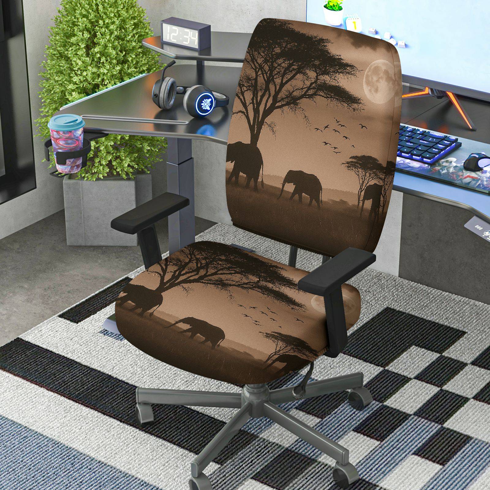 2-Piece African Safari Moon Elephant Bird Tree  Computer Chair Cover Set, Seat and Backrest
