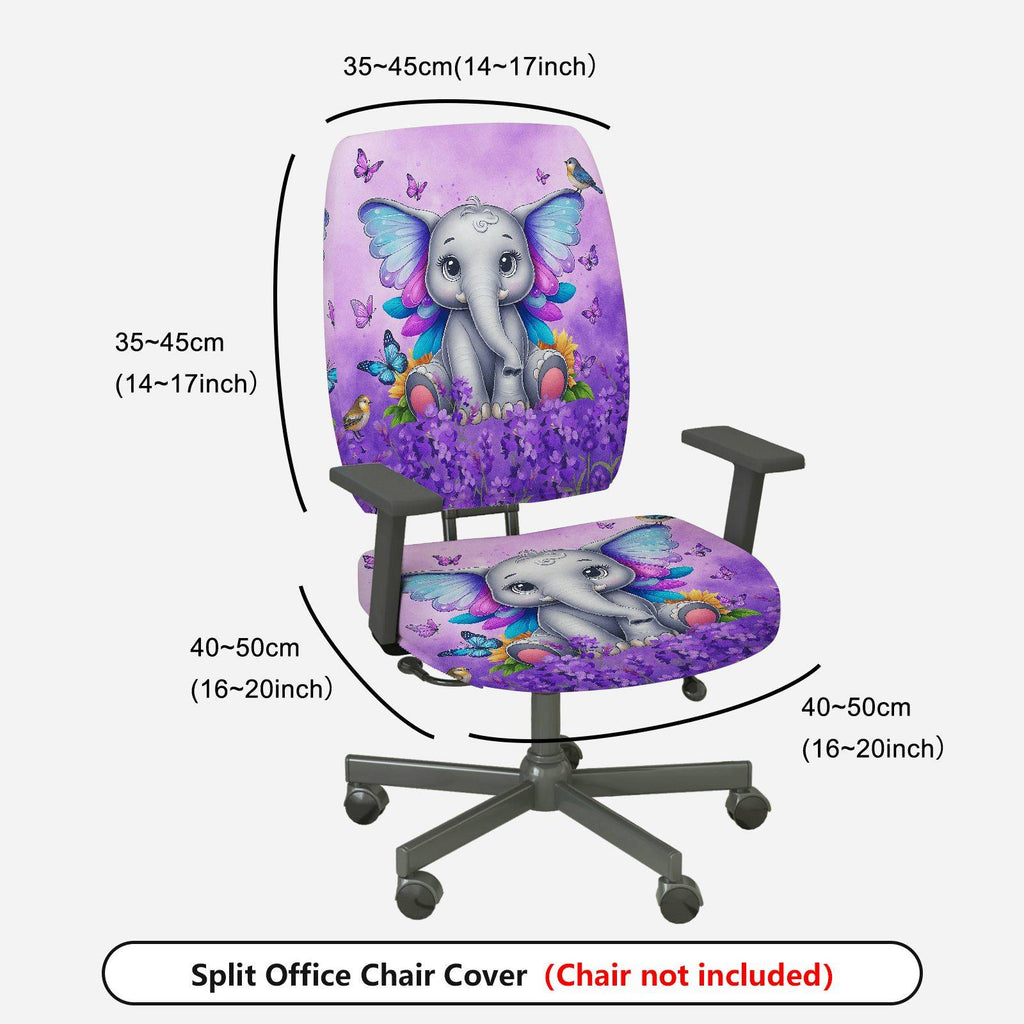2-Piece Cute Elephant Butterfly Floral Animal Fantasy Purple  Computer Chair Cover Set, Seat and Backrest