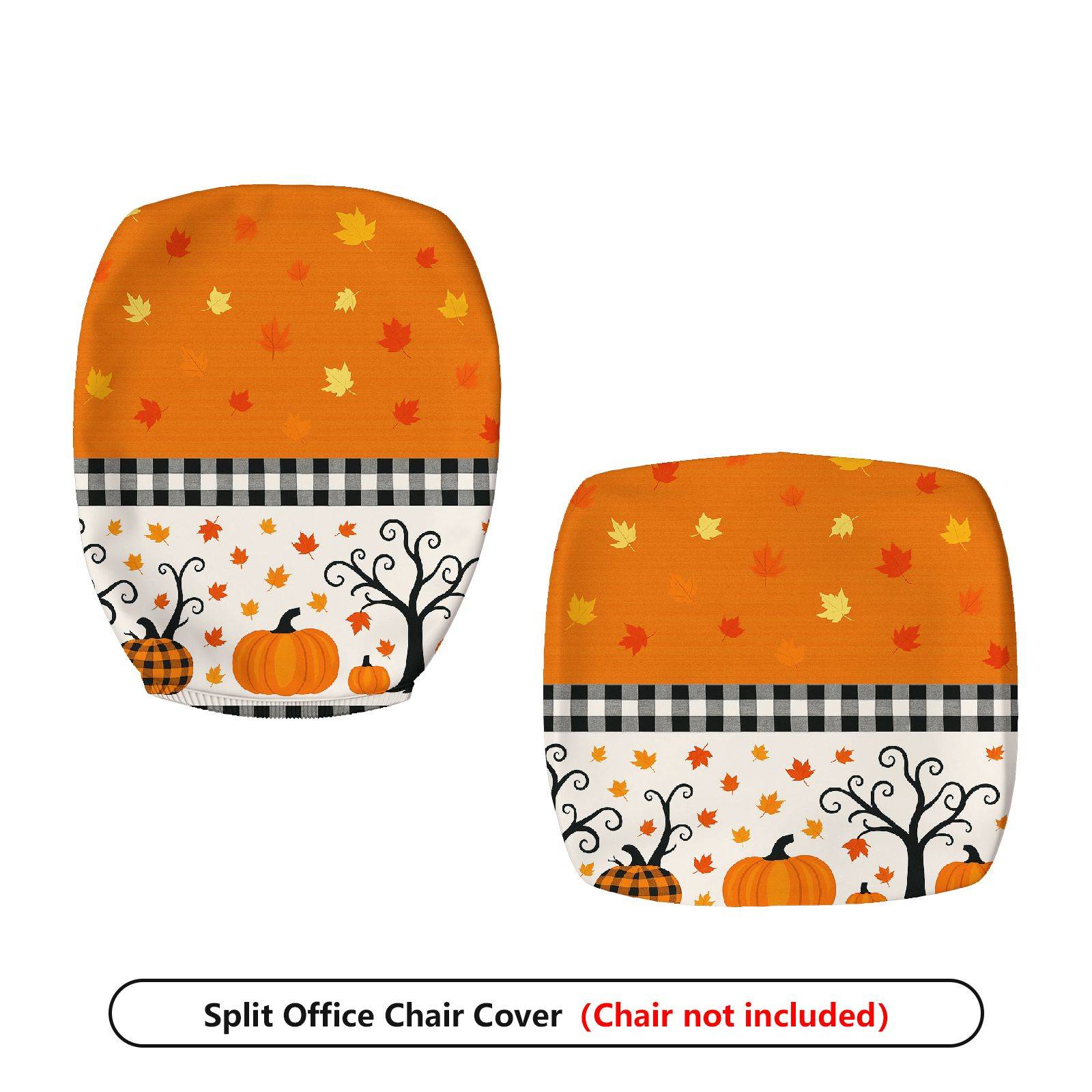 2-Piece Autumn Halloween Pumpkin Leaf Checkered  Computer Chair Cover Set, Seat and Backrest