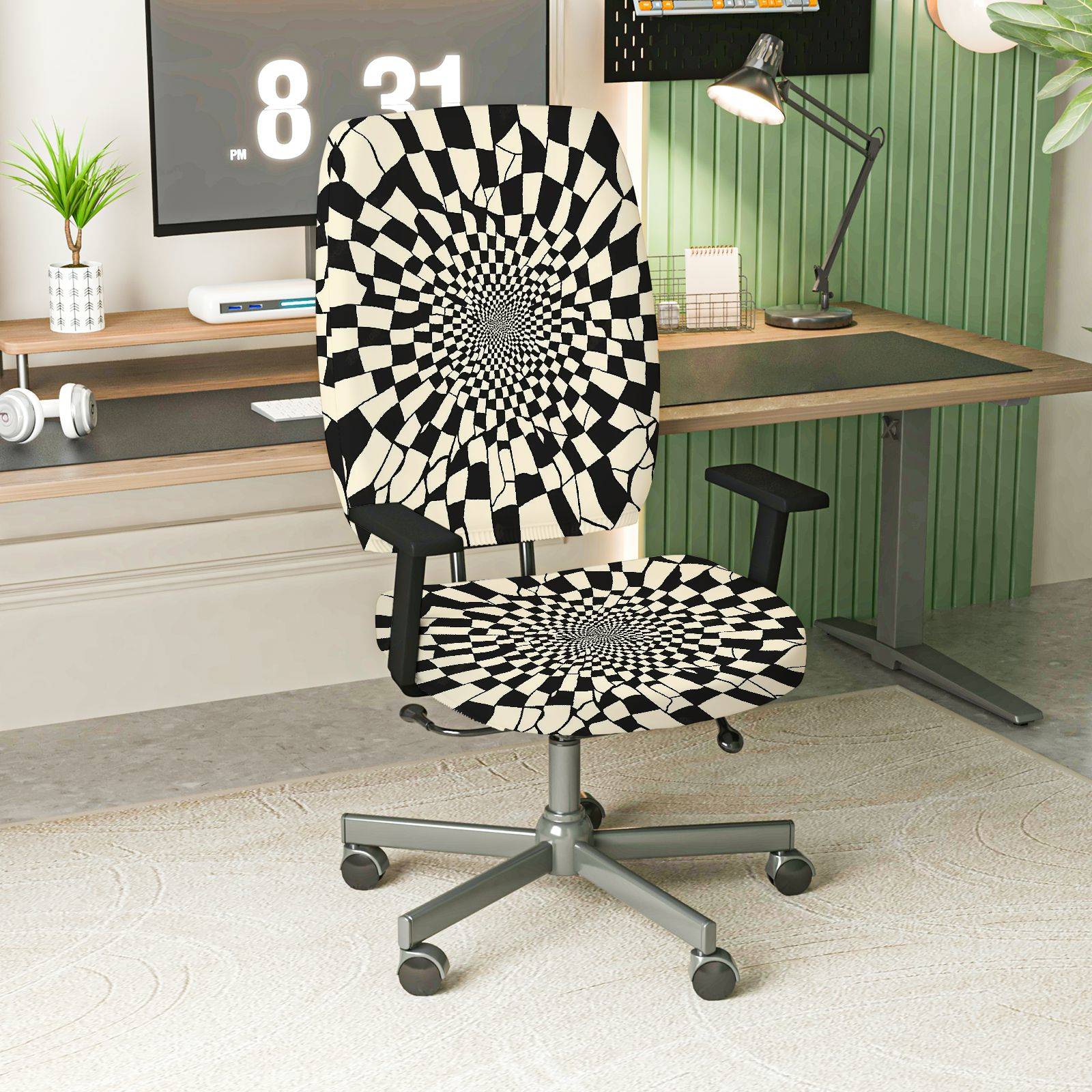 2-Piece Geometric Optical Illusion Black White Swirl  Computer Chair Cover Set, Seat and Backrest