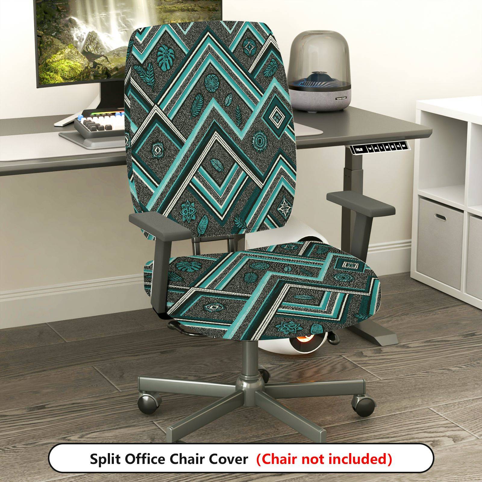 2-Piece Geometric Tropical Pattern Abstract Leaf Bohemian  Computer Chair Cover Set, Seat and Backrest