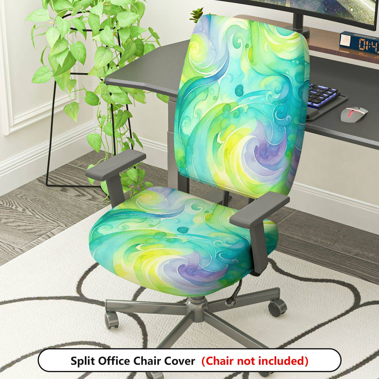 2-Piece Abstract Swirl Artistic Watercolor Green Blue Yellow  Computer Chair Cover Set, Seat and Backrest