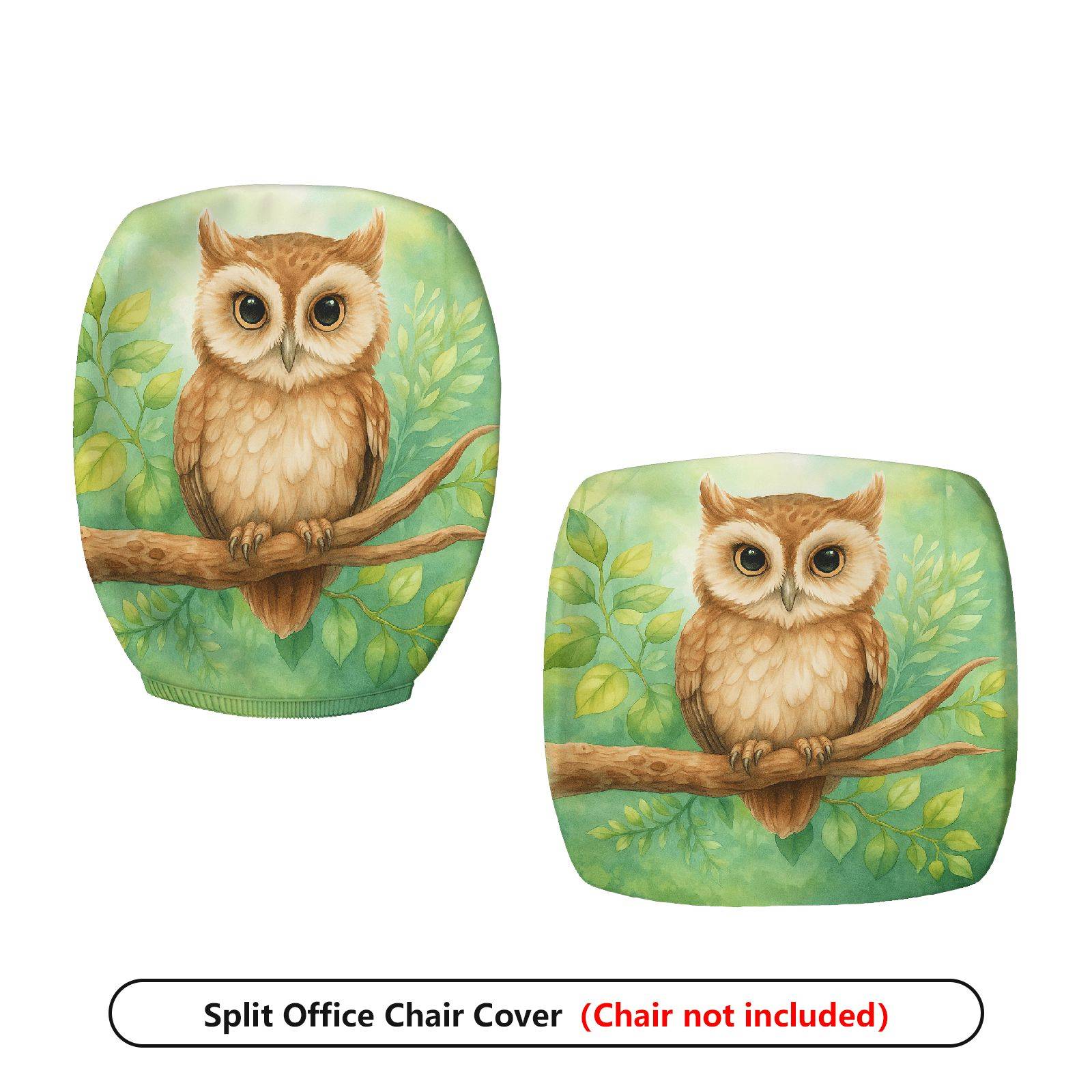 2-Piece Owl Nature Green Art Animal Forest  Computer Chair Cover Set, Seat and Backrest