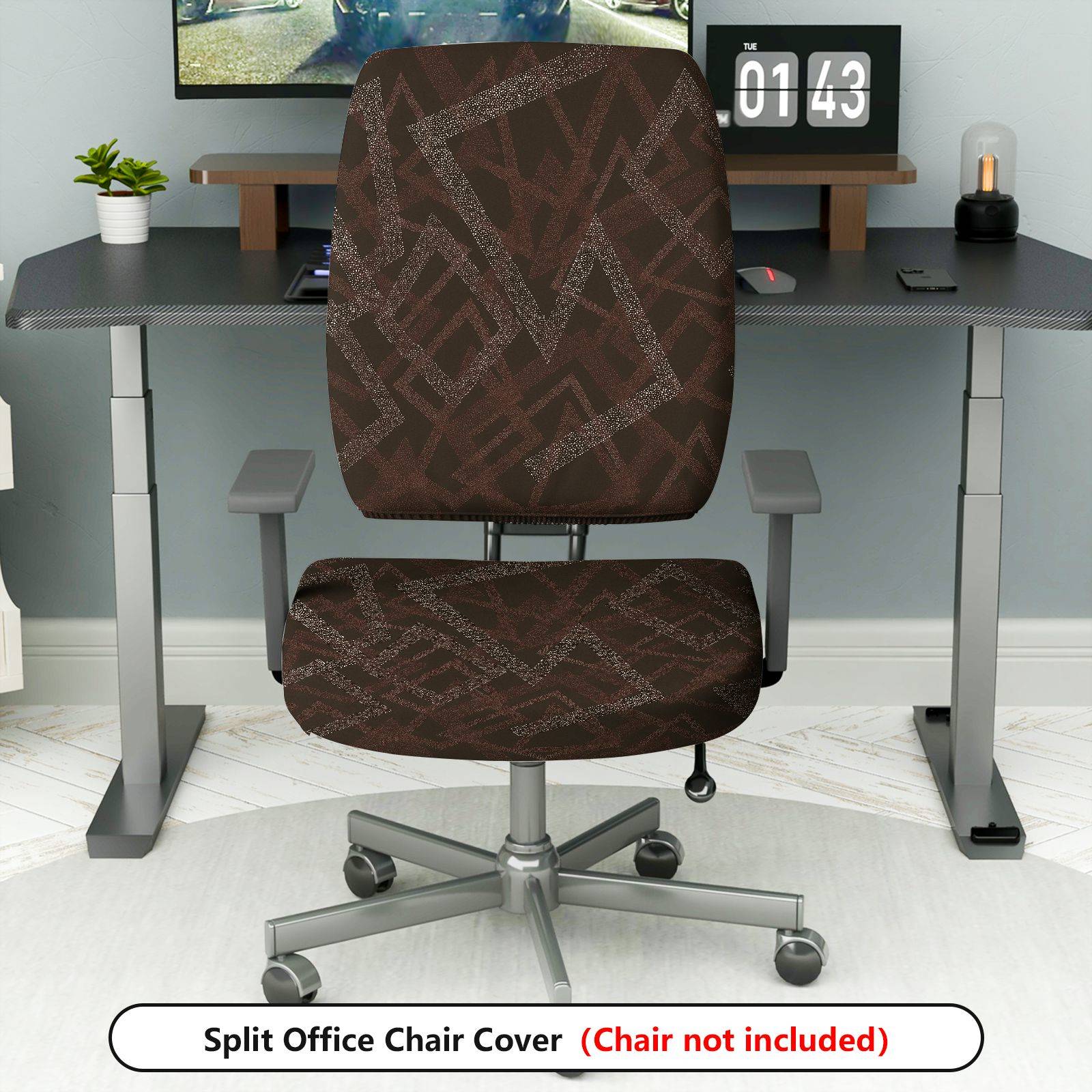 2-Piece Geometric Pattern Dark Brown  Computer Chair Cover Set, Seat and Backrest