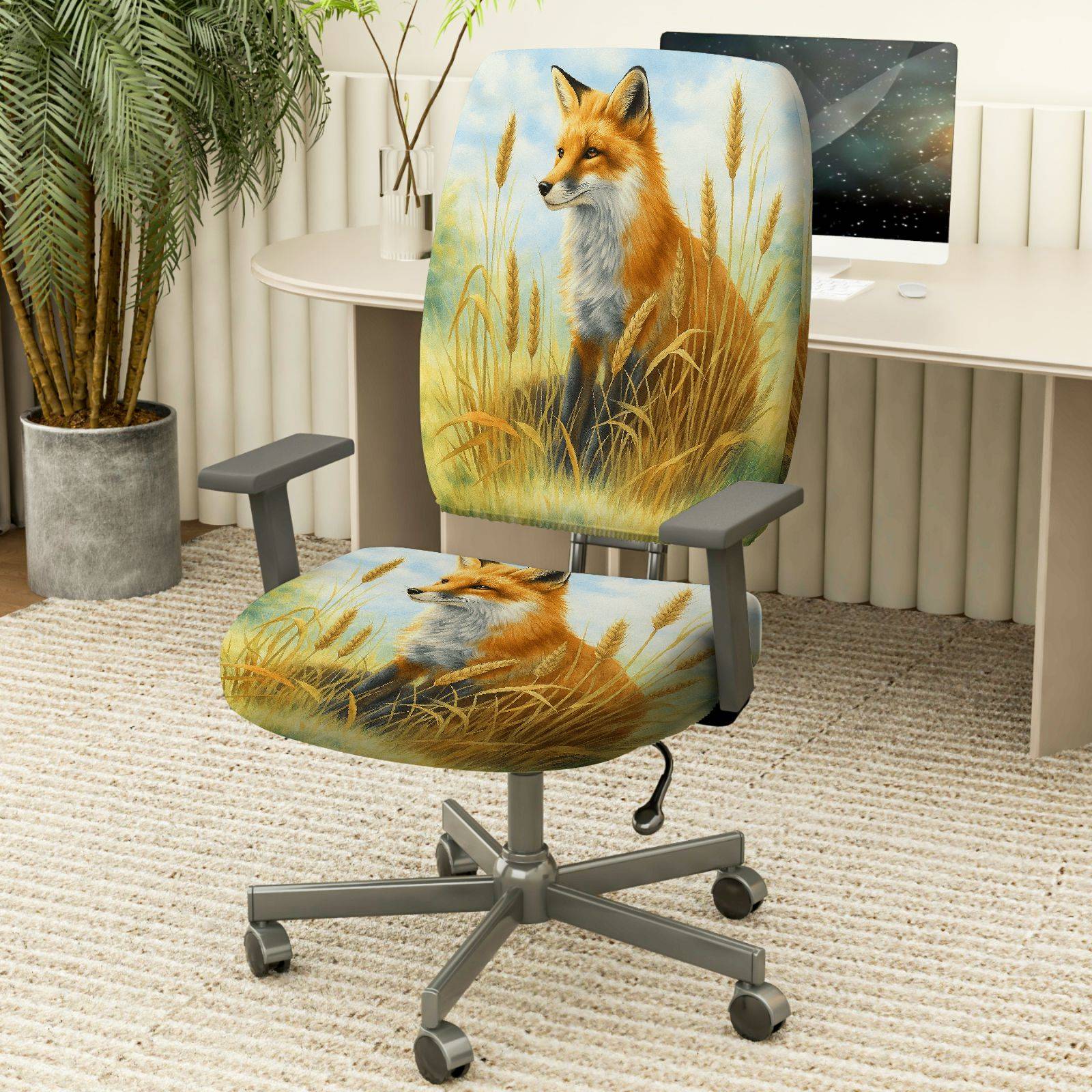 2-Piece Animal Nature Landscape Fox Grass  Computer Chair Cover Set, Seat and Backrest