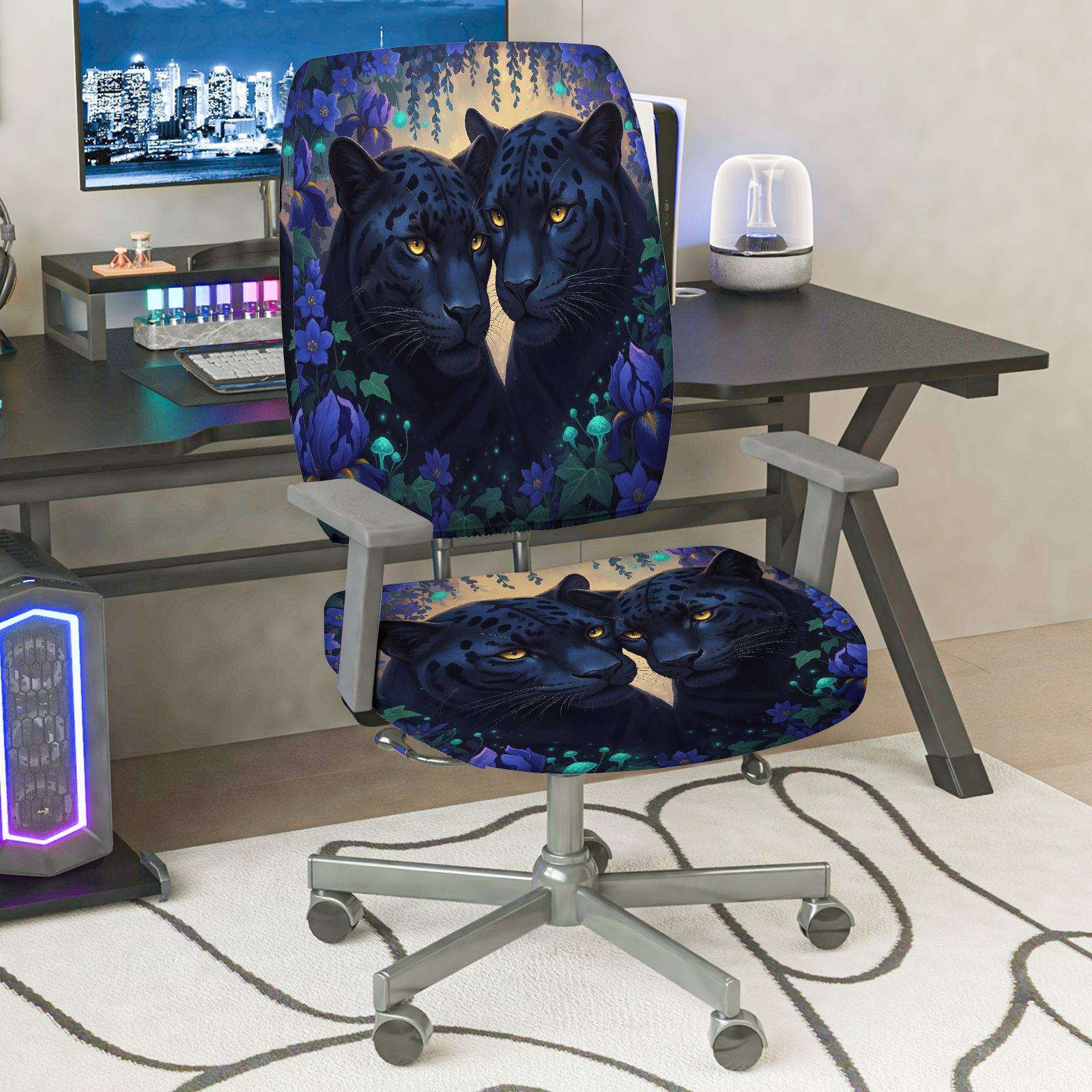 2-Piece Panther Animal Floral Art Decorative  Computer Chair Cover Set, Seat and Backrest