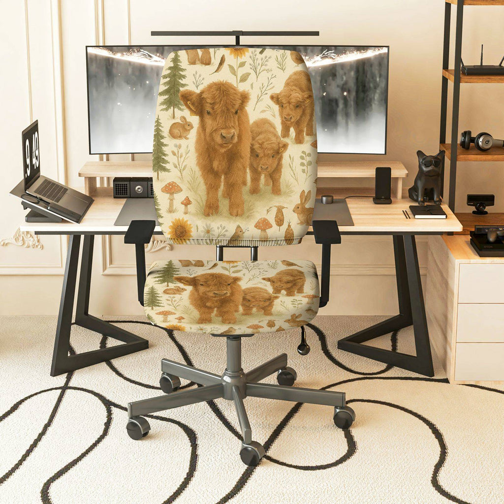 2-Piece Animal Nature Rustic Woodland Highland Cattle  Computer Chair Cover Set, Seat and Backrest