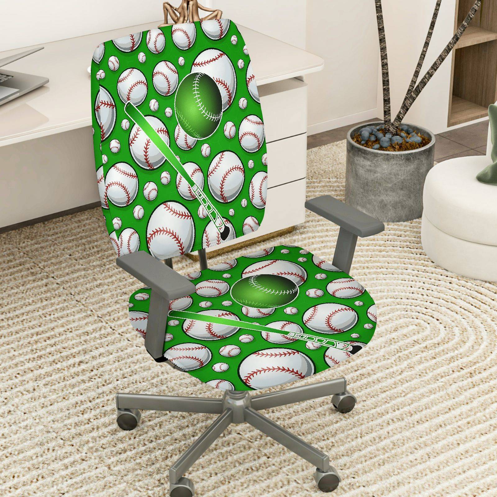 2-Piece Baseball Sports Pattern Green  Computer Chair Cover Set, Seat and Backrest
