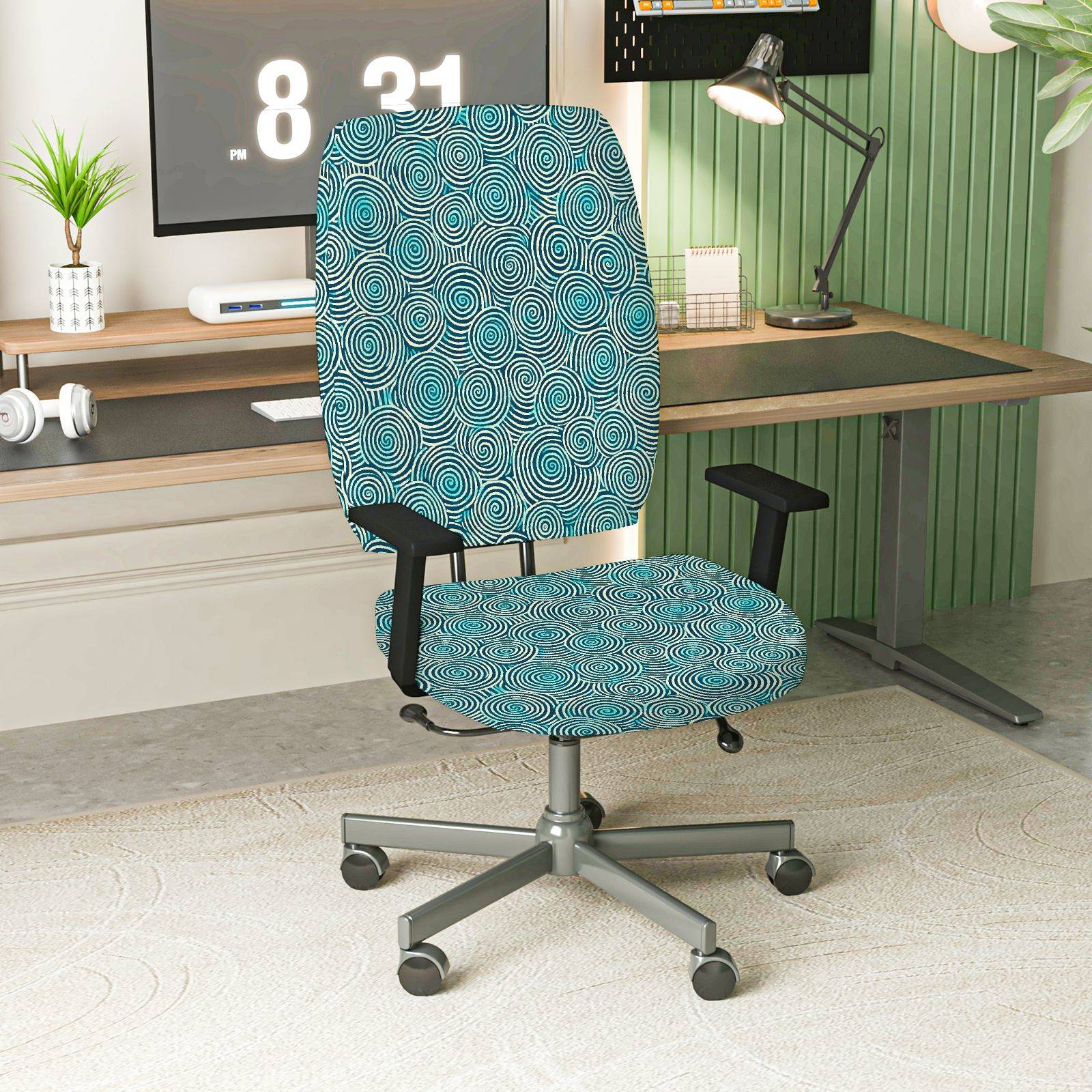 2-Piece Geometric Swirl Pattern Turquoise Stylish Modern  Computer Chair Cover Set, Seat and Backrest