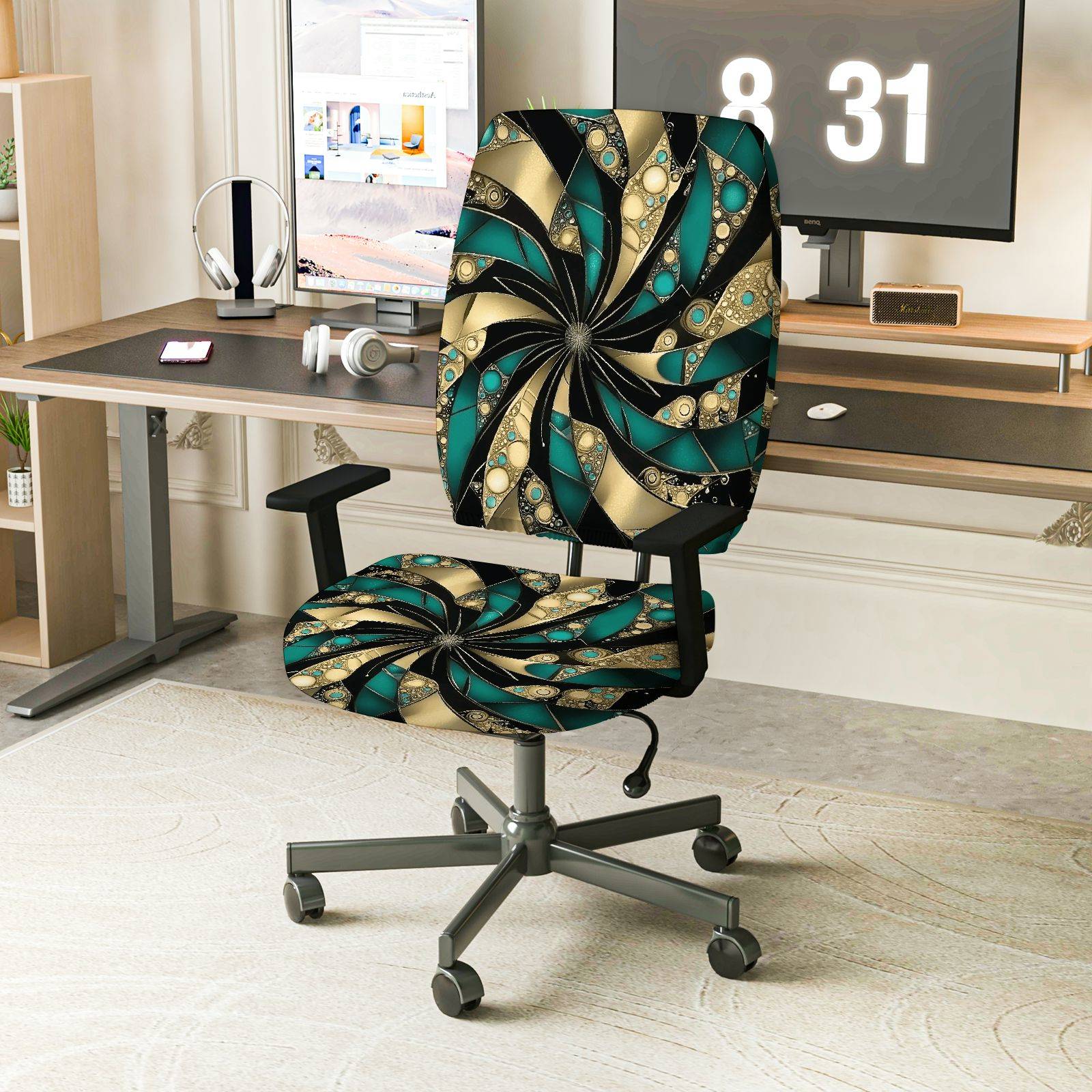2-Piece Geometric Swirl Art Abstract Modern Chic  Computer Chair Cover Set, Seat and Backrest