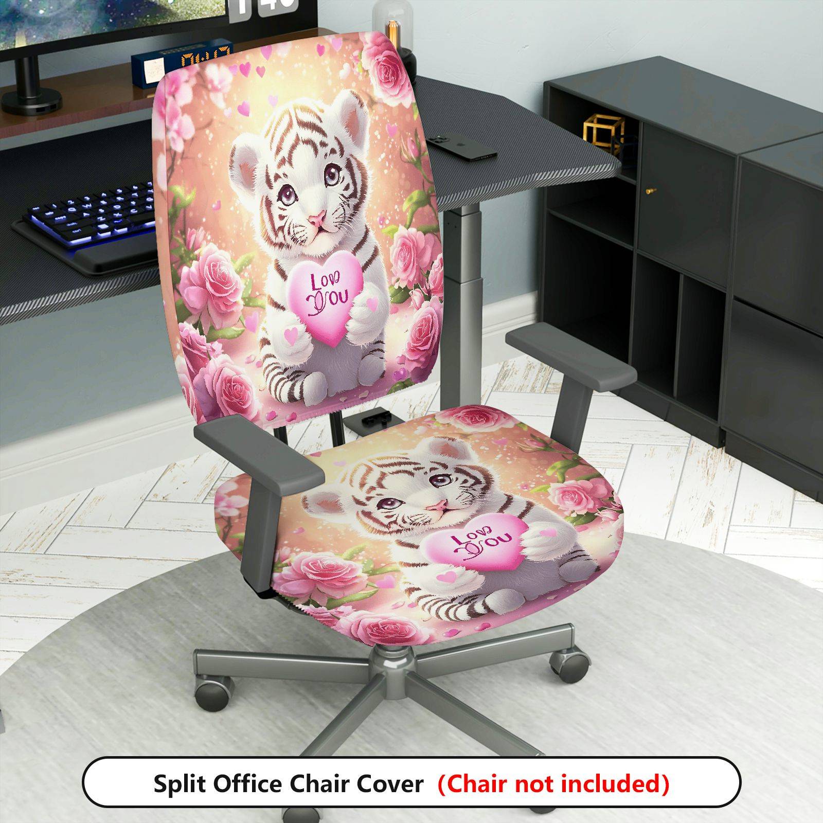 2-Piece Cute Animal Valentine's Day Romantic Floral Love Theme  Computer Chair Cover Set, Seat and Backrest