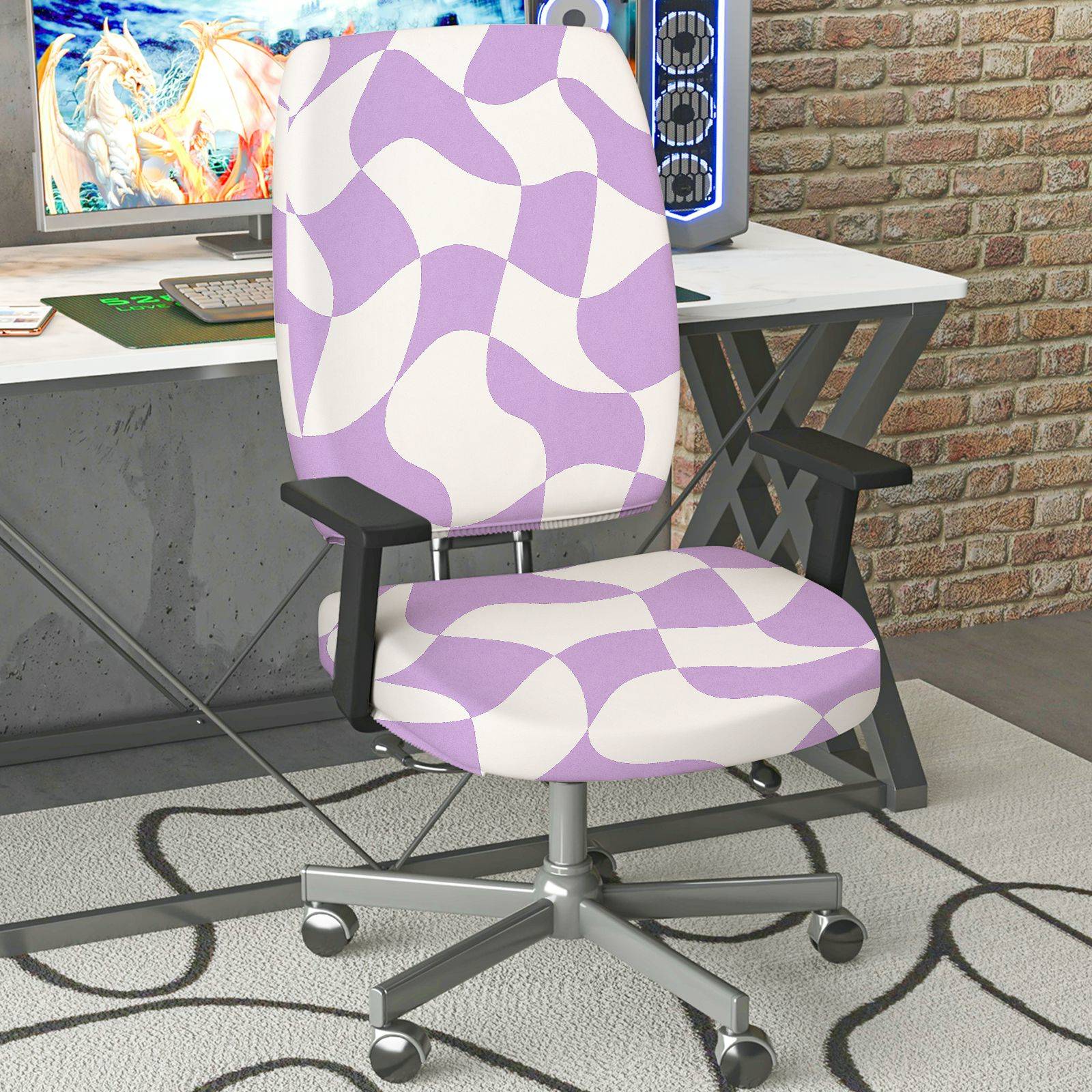 2-Piece Modern Geometric Purple Wave  Computer Chair Cover Set, Seat and Backrest