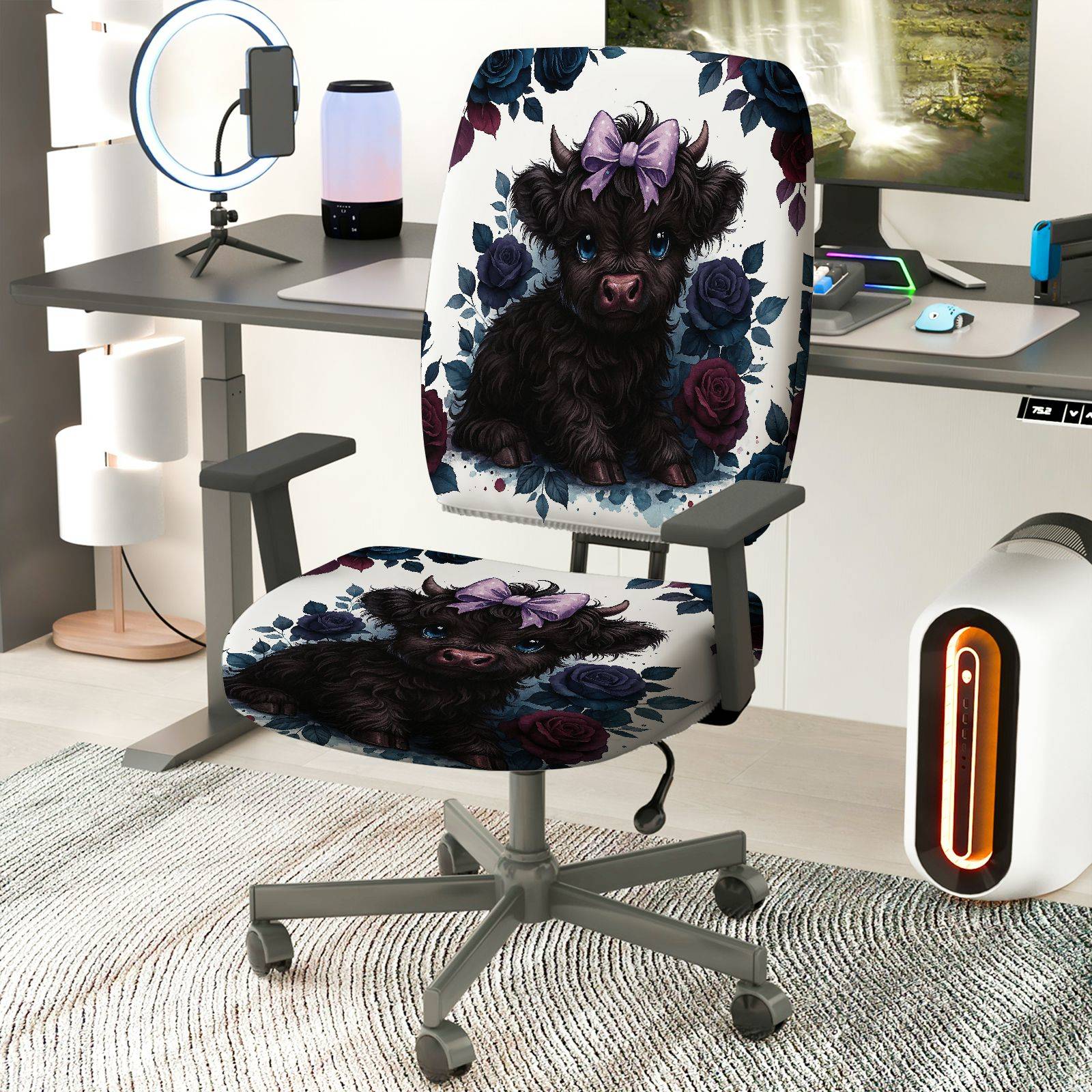 2-Piece Cute Puppy Flower Bow  Computer Chair Cover Set, Seat and Backrest