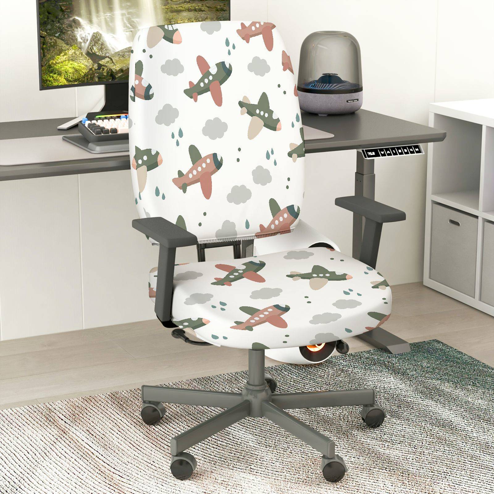 2-Piece Airplane Cloud Rain Sky Fun  Computer Chair Cover Set, Seat and Backrest