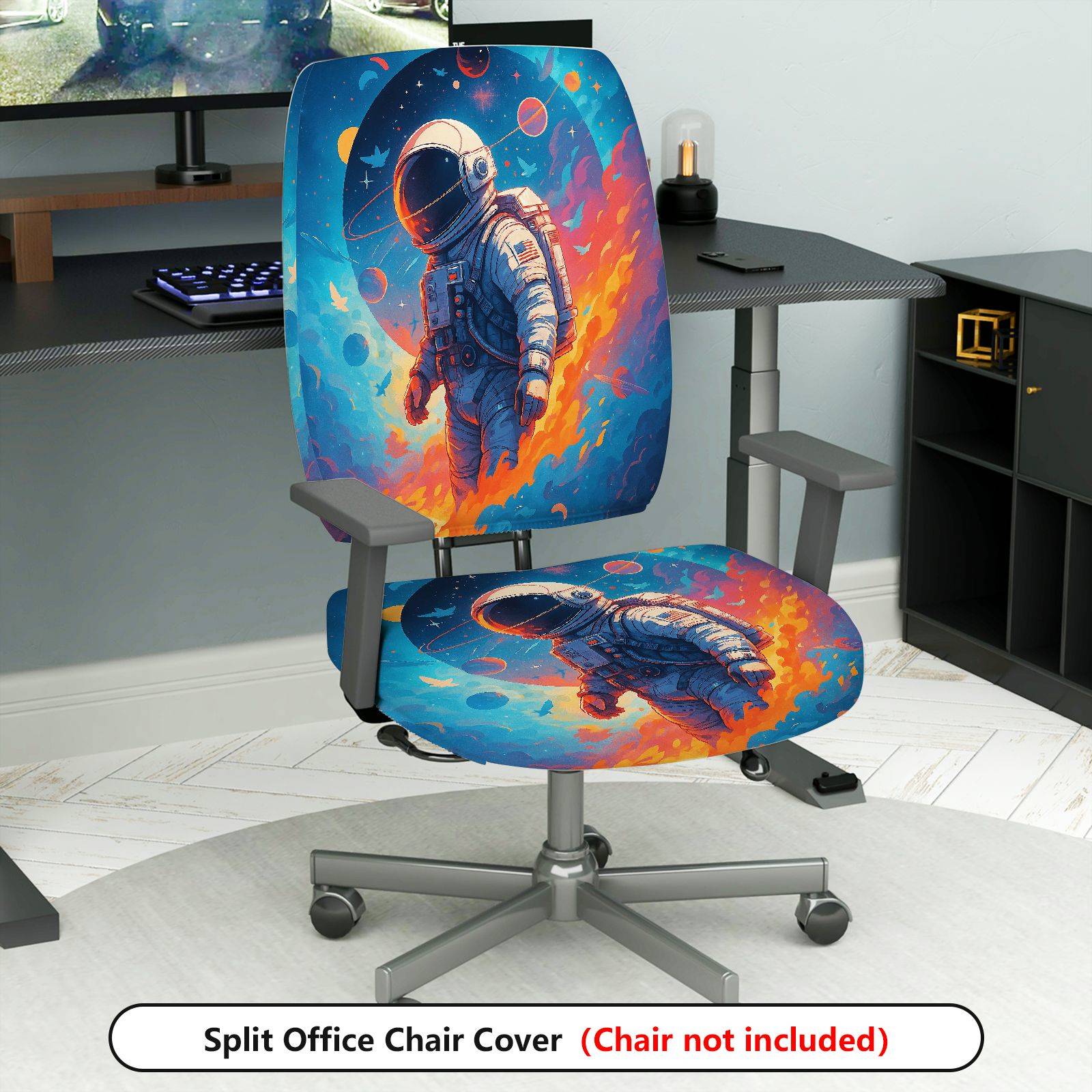 2-Piece Astronaut Galaxy Space Planets Stars  Computer Chair Cover Set, Seat and Backrest