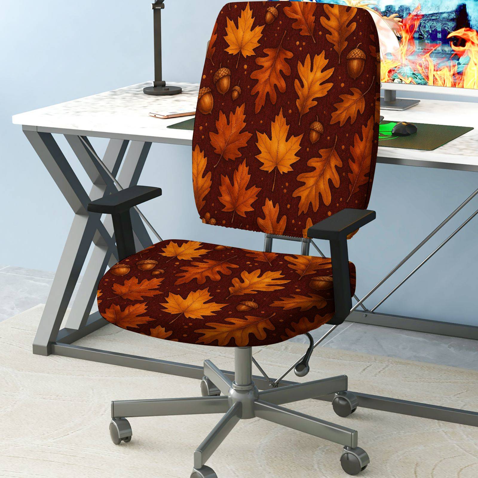 2-Piece Autumn Maple Leaf Acorn Pattern Decorative  Computer Chair Cover Set, Seat and Backrest