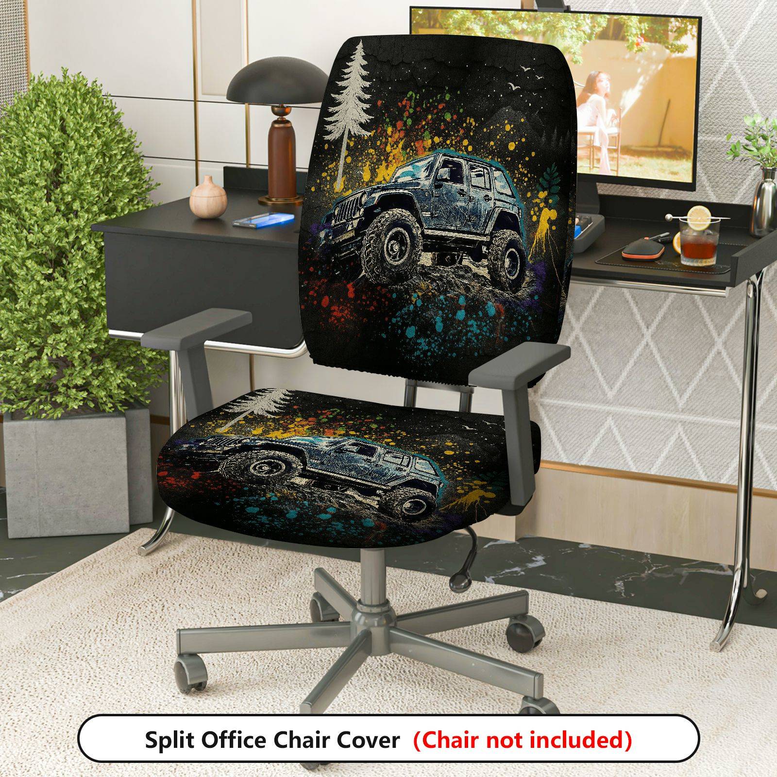 2-Piece Adventure Off-road Vehicle Mountain Forest Graffiti  Computer Chair Cover Set, Seat and Backrest