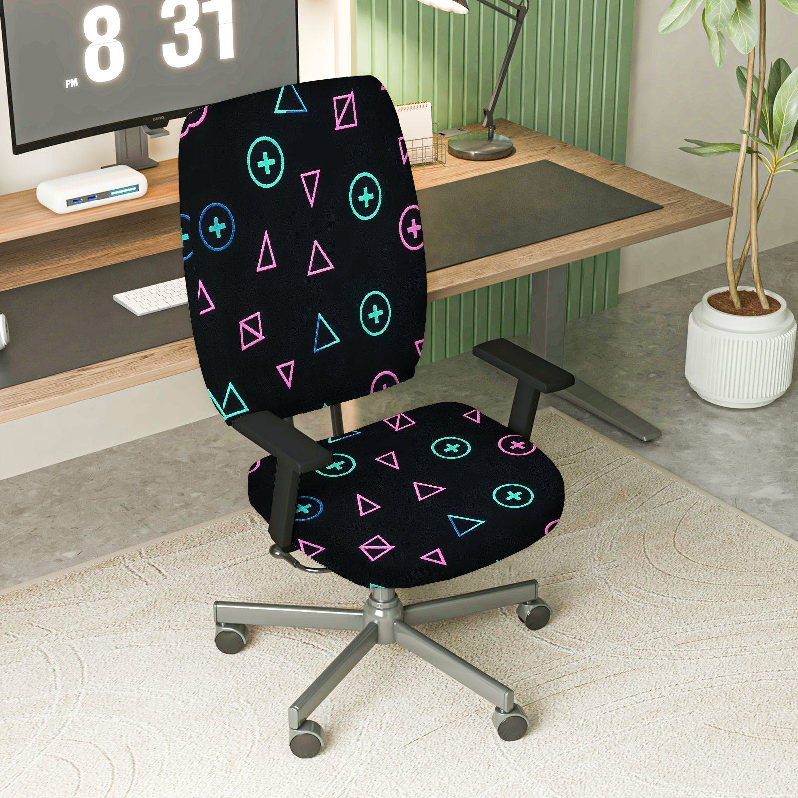 2-Piece Geometric Colorful Modern Stylish Trendy  Computer Chair Cover Set, Seat and Backrest