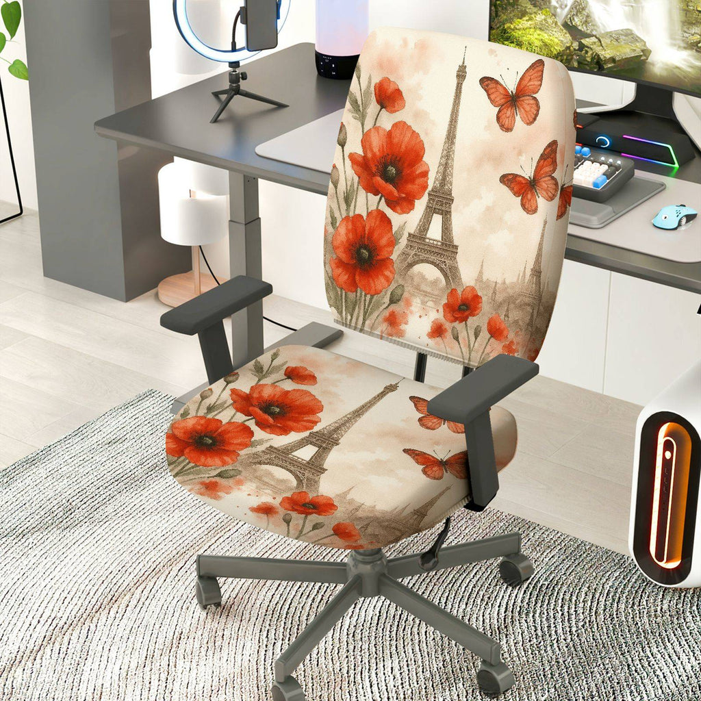 2-Piece Eiffel Tower Butterfly Flower Pattern  Computer Chair Cover Set, Seat and Backrest