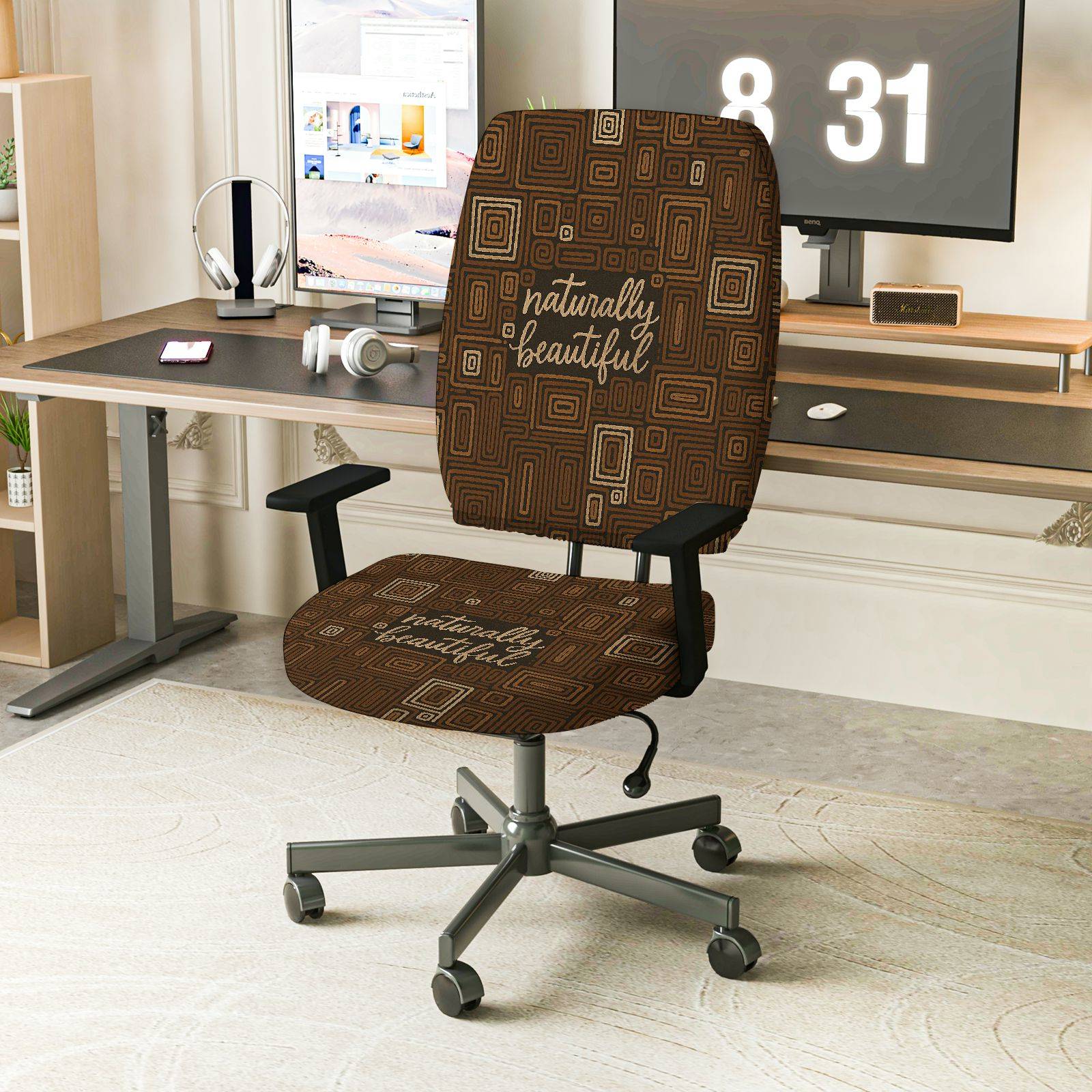 2-Piece Geometric Vintage Brown Inspirational Decor  Computer Chair Cover Set, Seat and Backrest