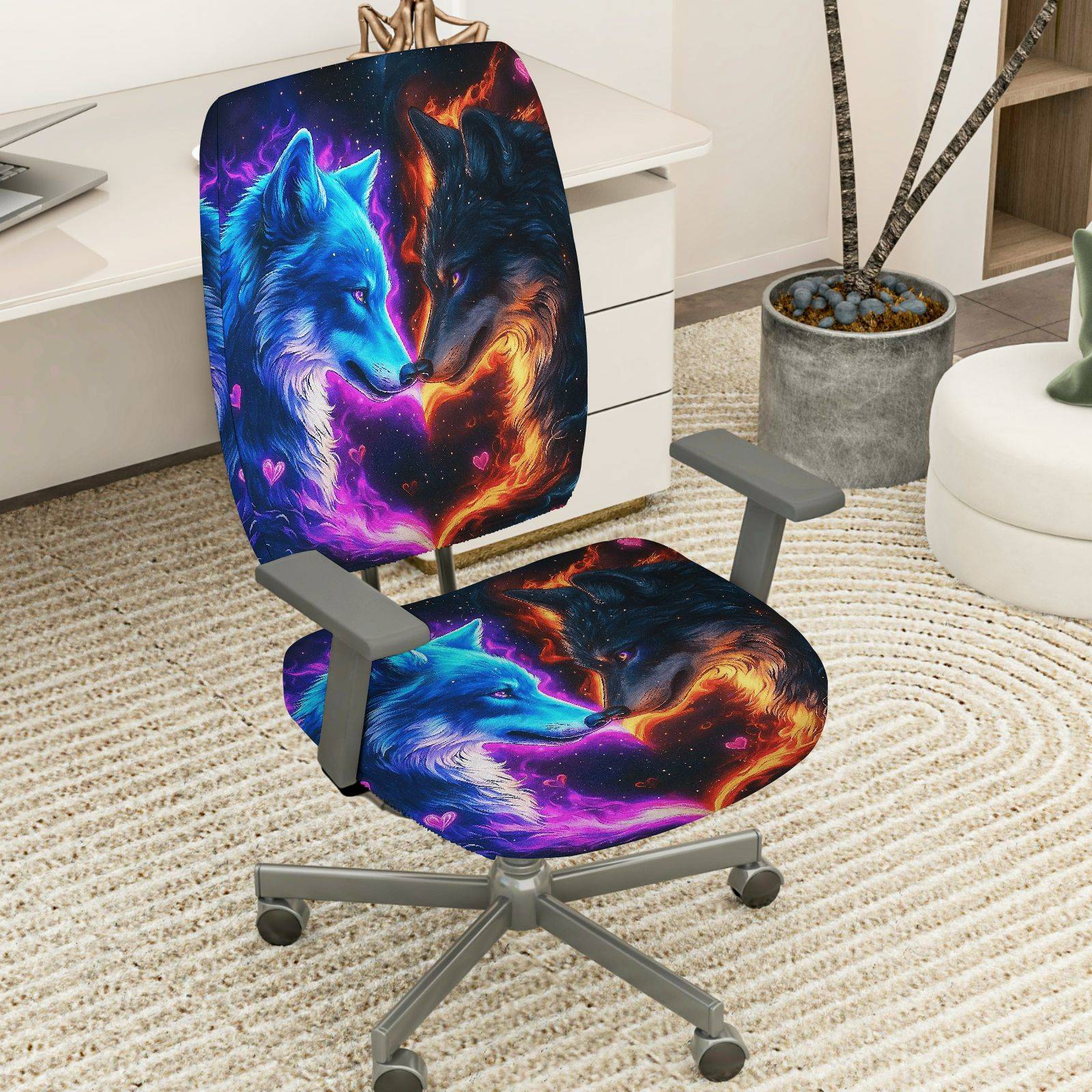 2-Piece Blue Red Wolf Galaxy Heart Creative Romance  Computer Chair Cover Set, Seat and Backrest