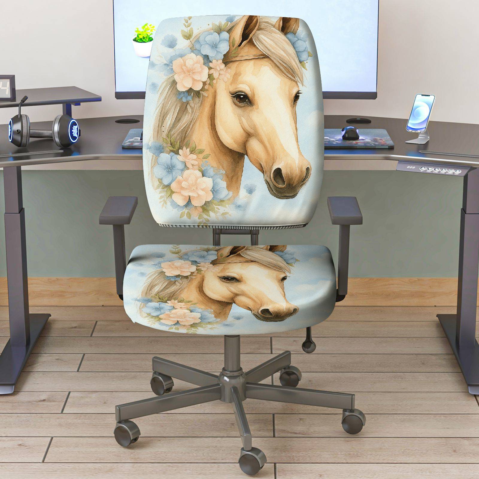 2-Piece Horse Floral Animal Art Modern Stylish  Computer Chair Cover Set, Seat and Backrest