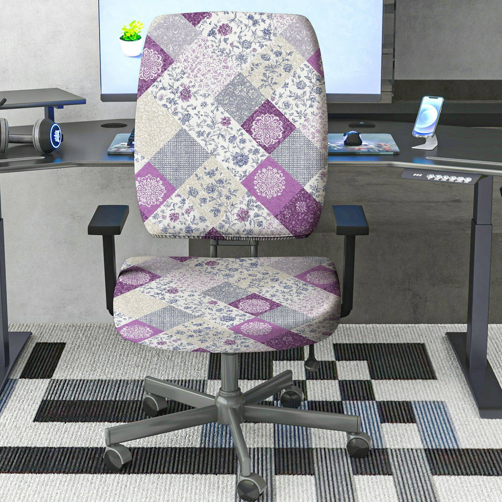 2-Piece Abstract Floral Plaid Purple Quilted  Computer Chair Cover Set, Seat and Backrest