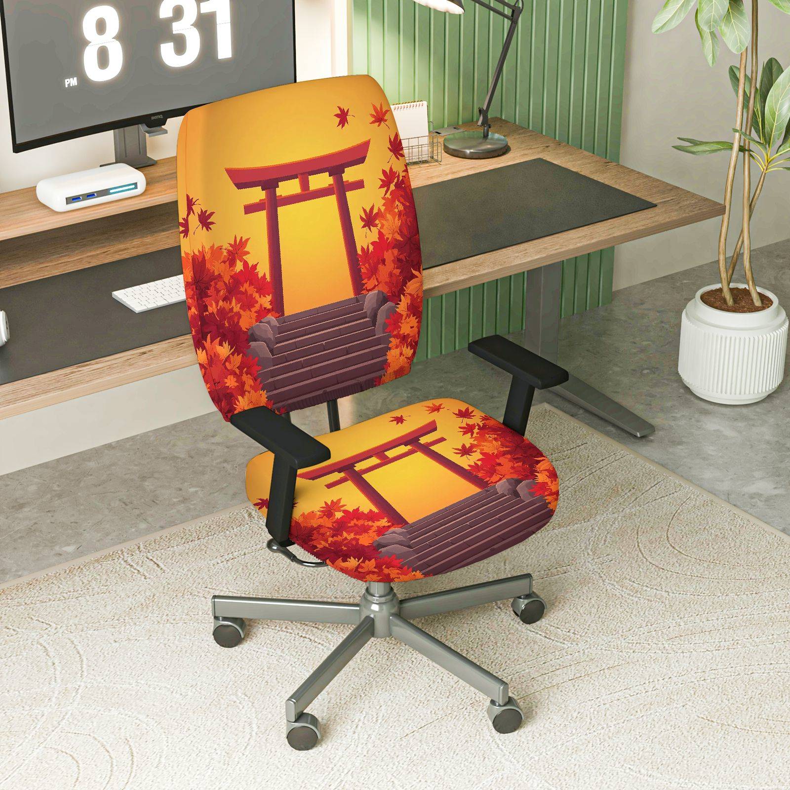 2-Piece Autumn Japanese Shrine Maple Leaves Scenery  Computer Chair Cover Set, Seat and Backrest
