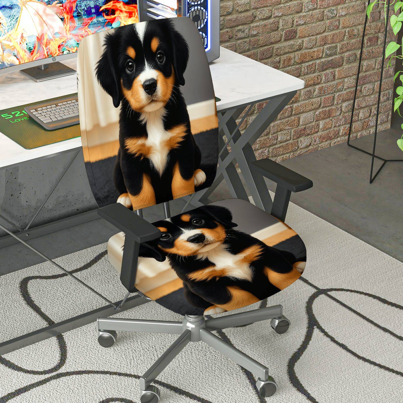 2-Piece Adorable Puppy Animal Design  Computer Chair Cover Set, Seat and Backrest