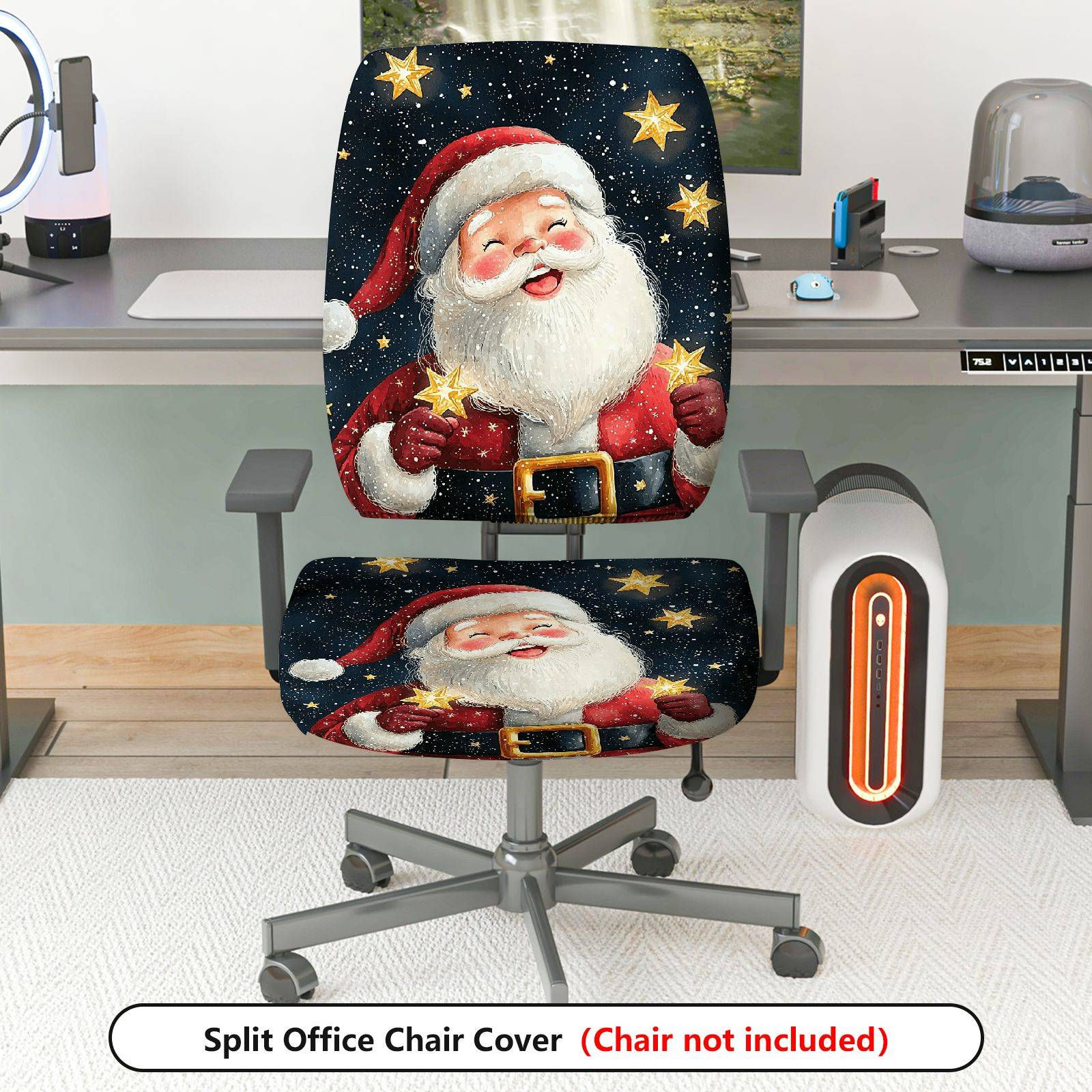 2-Piece Santa Claus Christmas Stars Pattern  Computer Chair Cover Set, Seat and Backrest