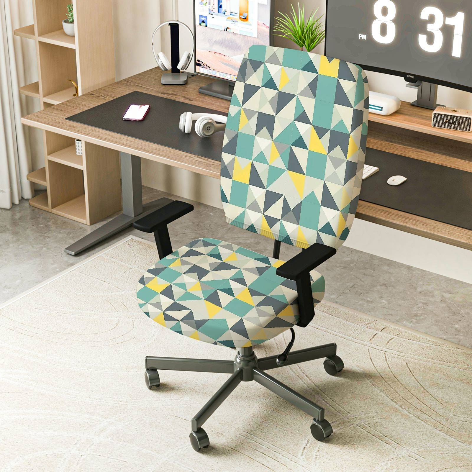 2-Piece Geometric Pattern Colorful Stylish Modern Trendy  Computer Chair Cover Set, Seat and Backrest