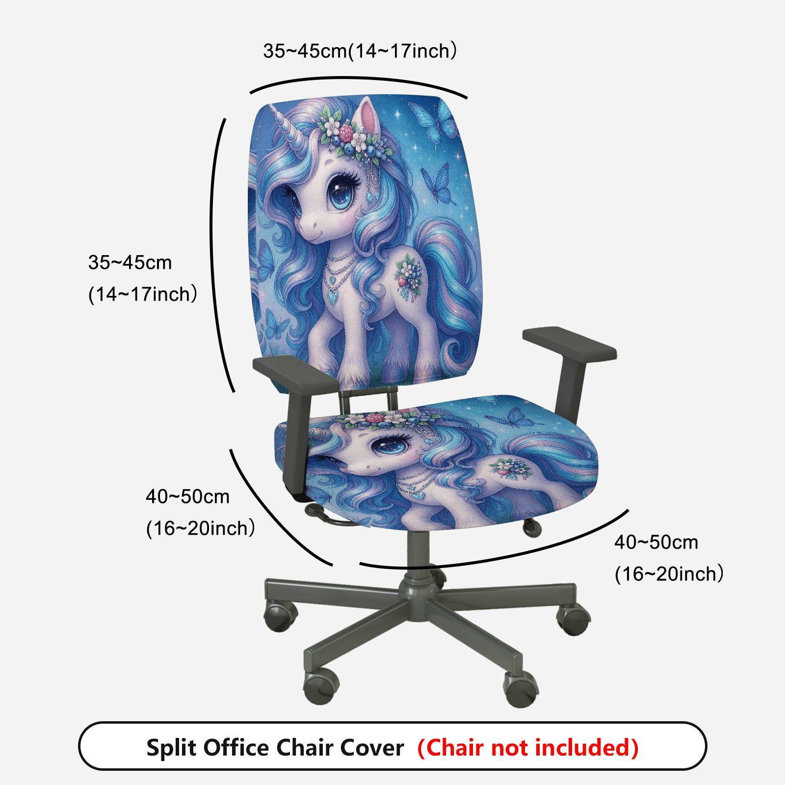 2-Piece Magical Unicorn Fantasy Butterfly Flower Glitter  Computer Chair Cover Set, Seat and Backrest