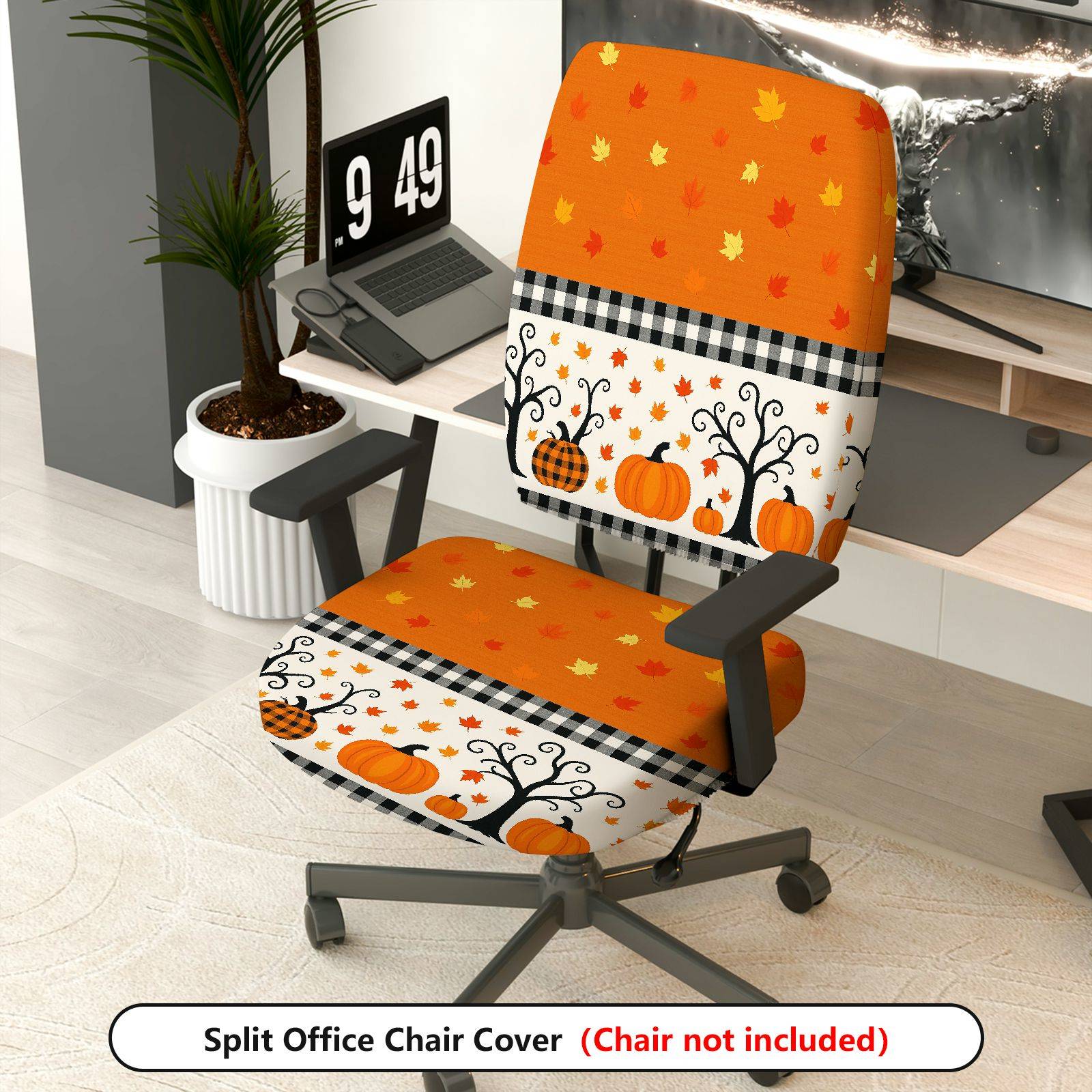 2-Piece Autumn Halloween Pumpkin Leaf Checkered  Computer Chair Cover Set, Seat and Backrest