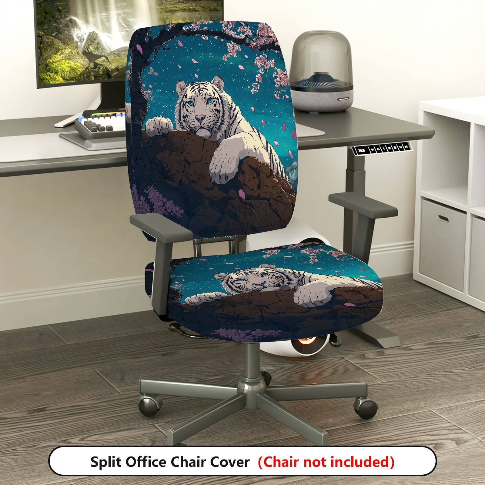 2-Piece Tiger Cherry Blossom Scenic Animal Art  Computer Chair Cover Set, Seat and Backrest