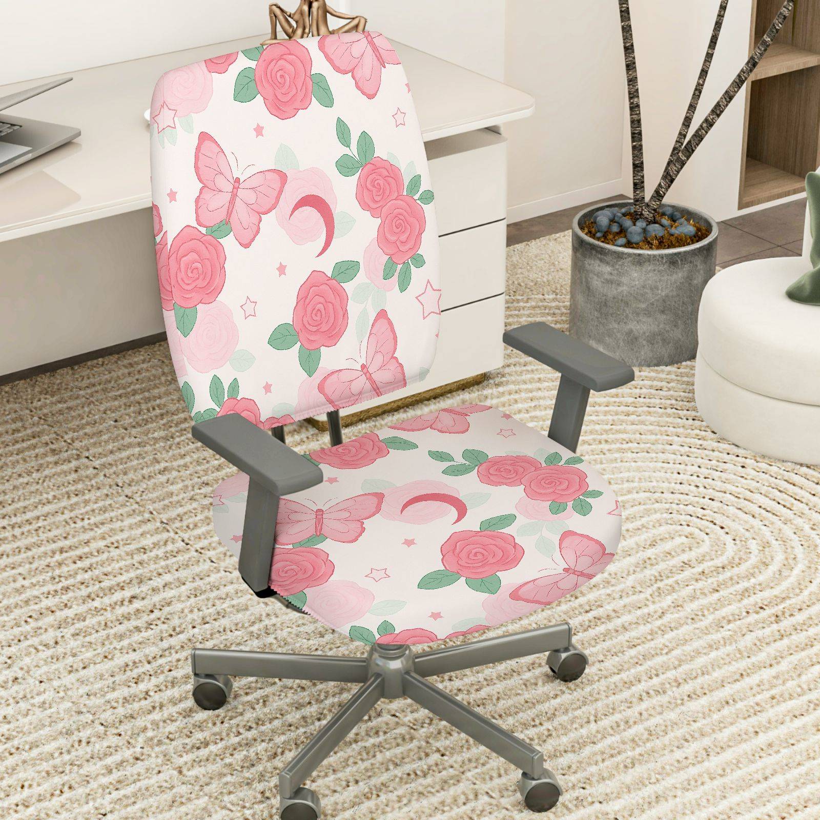 2-Piece Rose Butterfly Moon Star Artistic Floral  Computer Chair Cover Set, Seat and Backrest