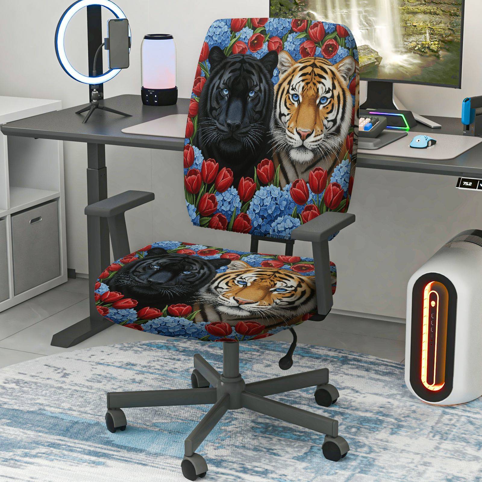 2-Piece Tiger Panther Floral Colorful Animal Pattern  Computer Chair Cover Set, Seat and Backrest