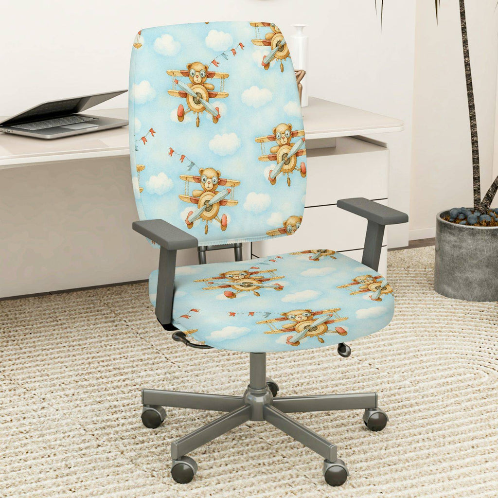 2-Piece Animal Airplane Sky Clouds Fun  Computer Chair Cover Set, Seat and Backrest