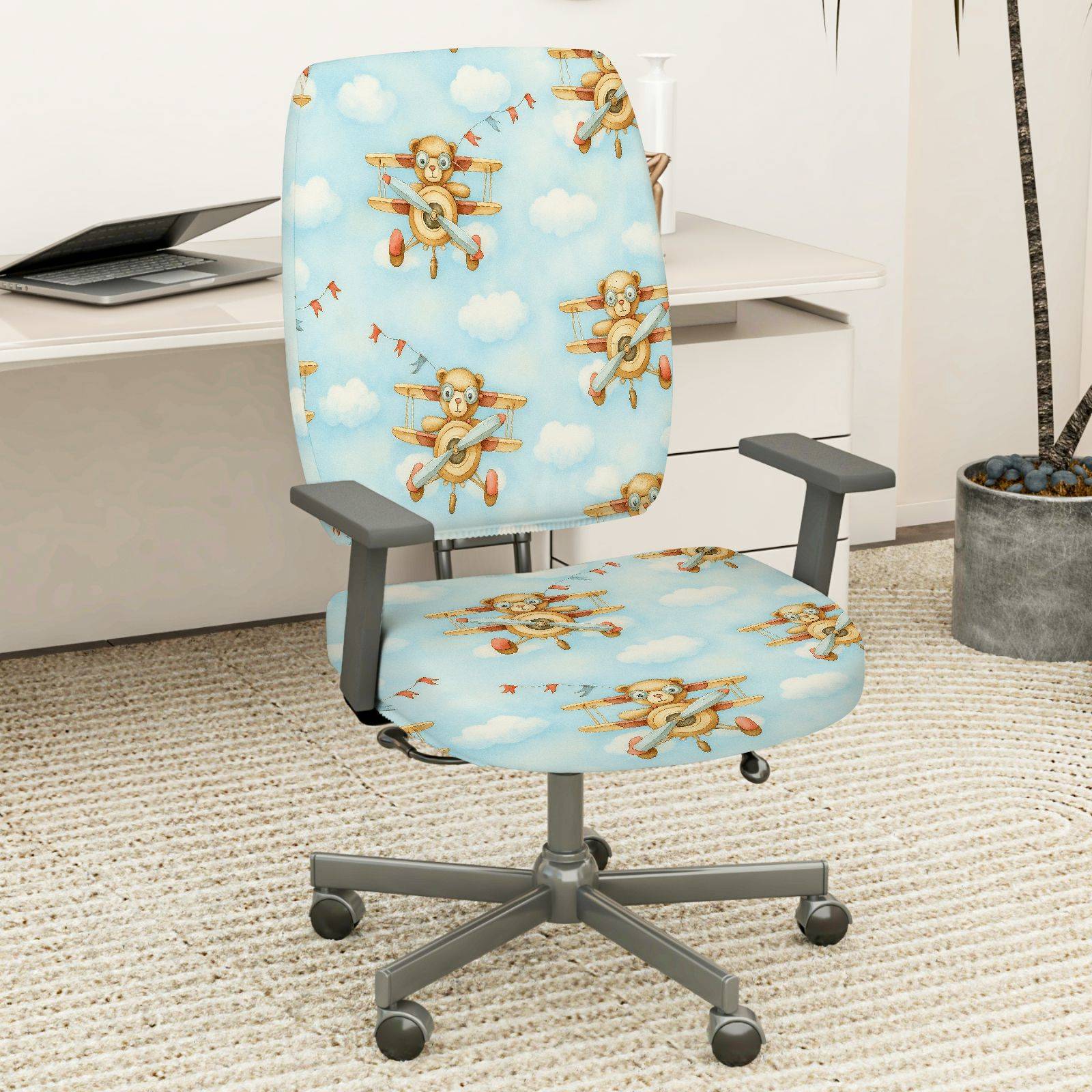 2-Piece Animal Airplane Sky Clouds Fun  Computer Chair Cover Set, Seat and Backrest