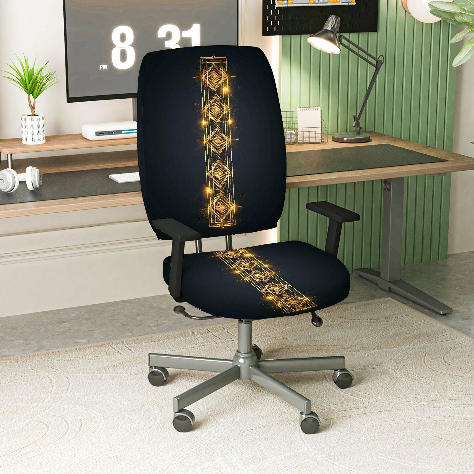 2-Piece Geometric Golden Glitter Pattern Modern Stylish Chic  Computer Chair Cover Set, Seat and Backrest