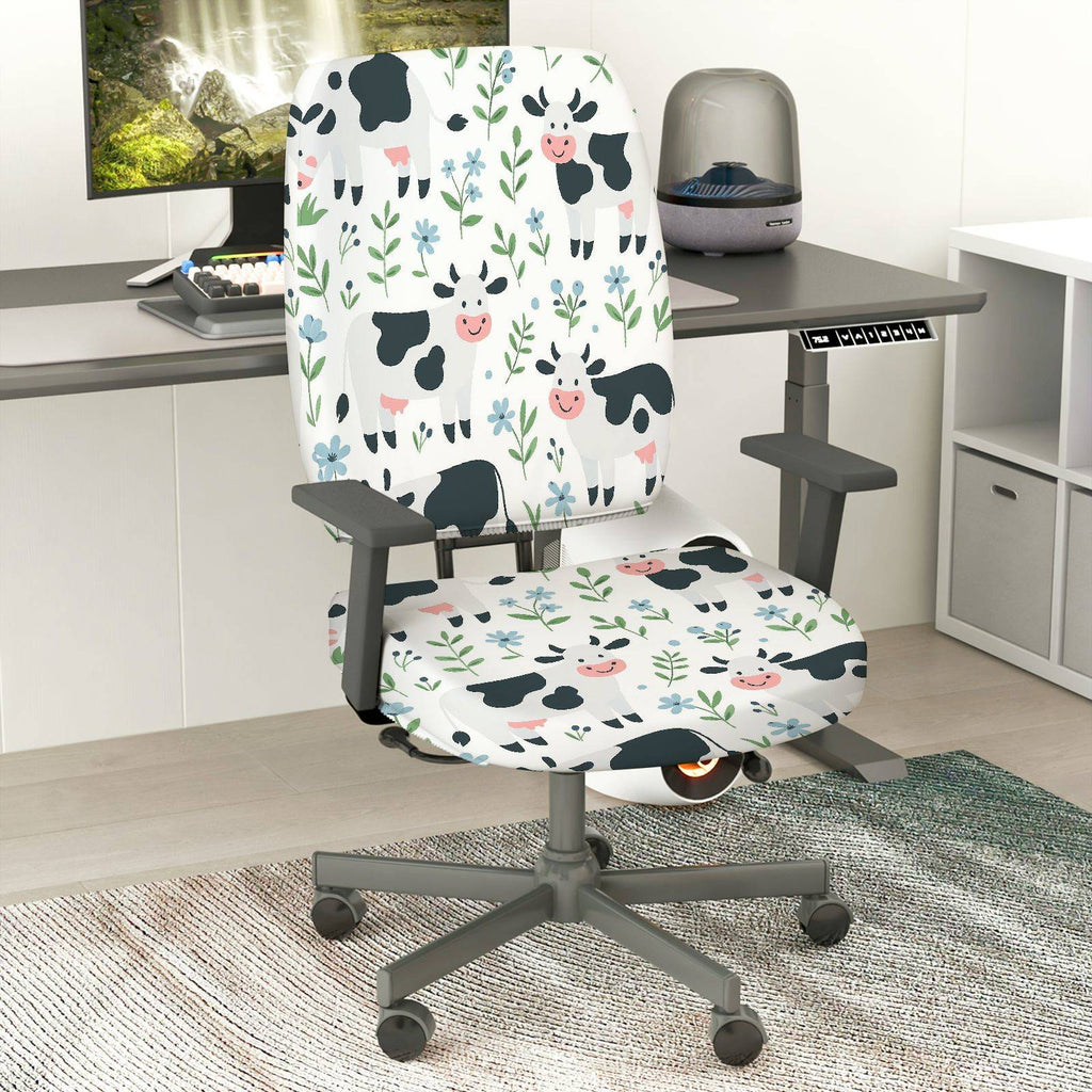 2-Piece Cow Floral Animal  Computer Chair Cover Set, Seat and Backrest