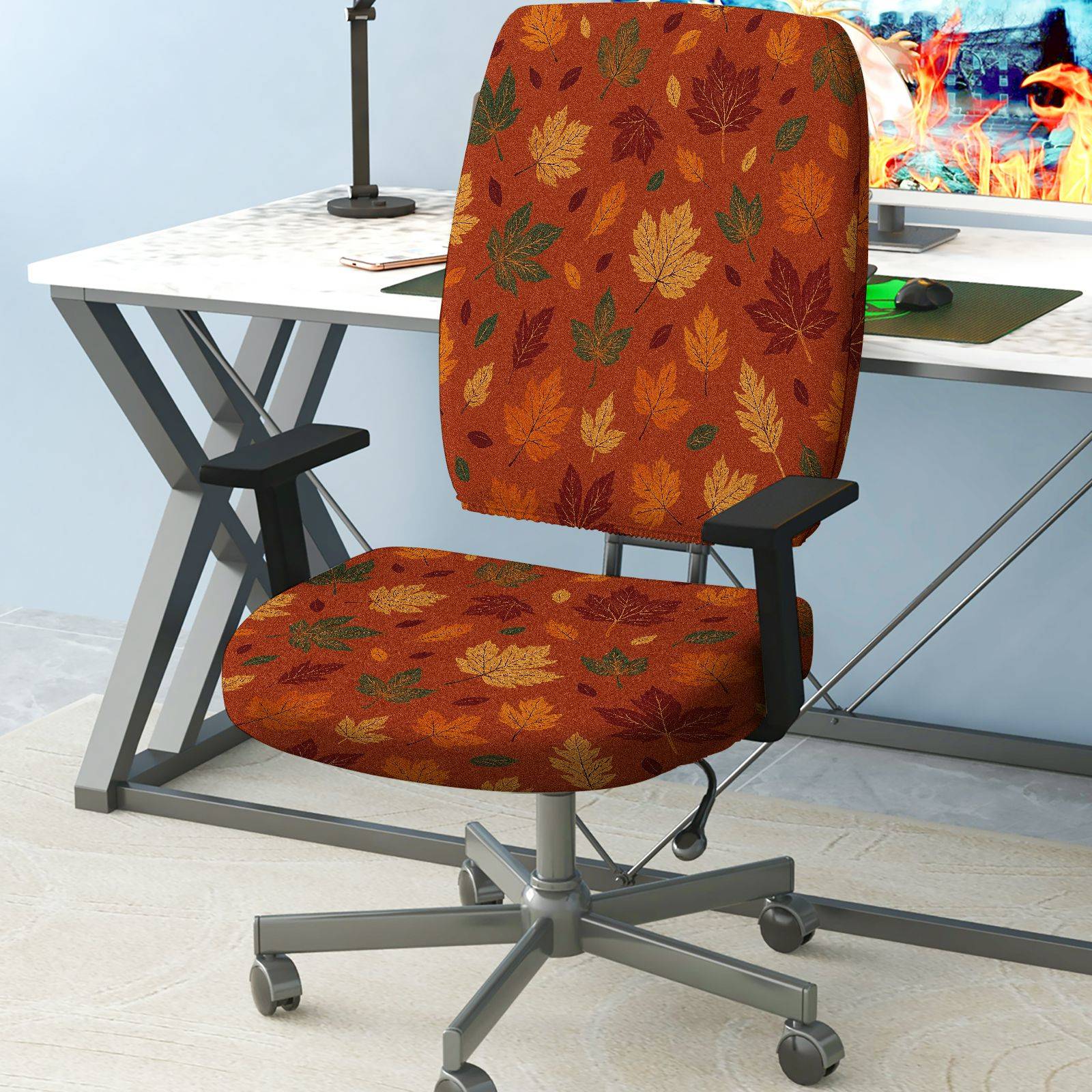 2-Piece Autumn Maple Leaf Pattern Decorative  Computer Chair Cover Set, Seat and Backrest