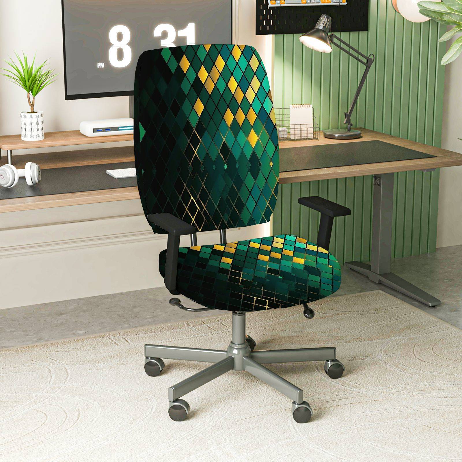 2-Piece Geometric Diamond Pattern Green Yellow Decorative  Computer Chair Cover Set, Seat and Backrest