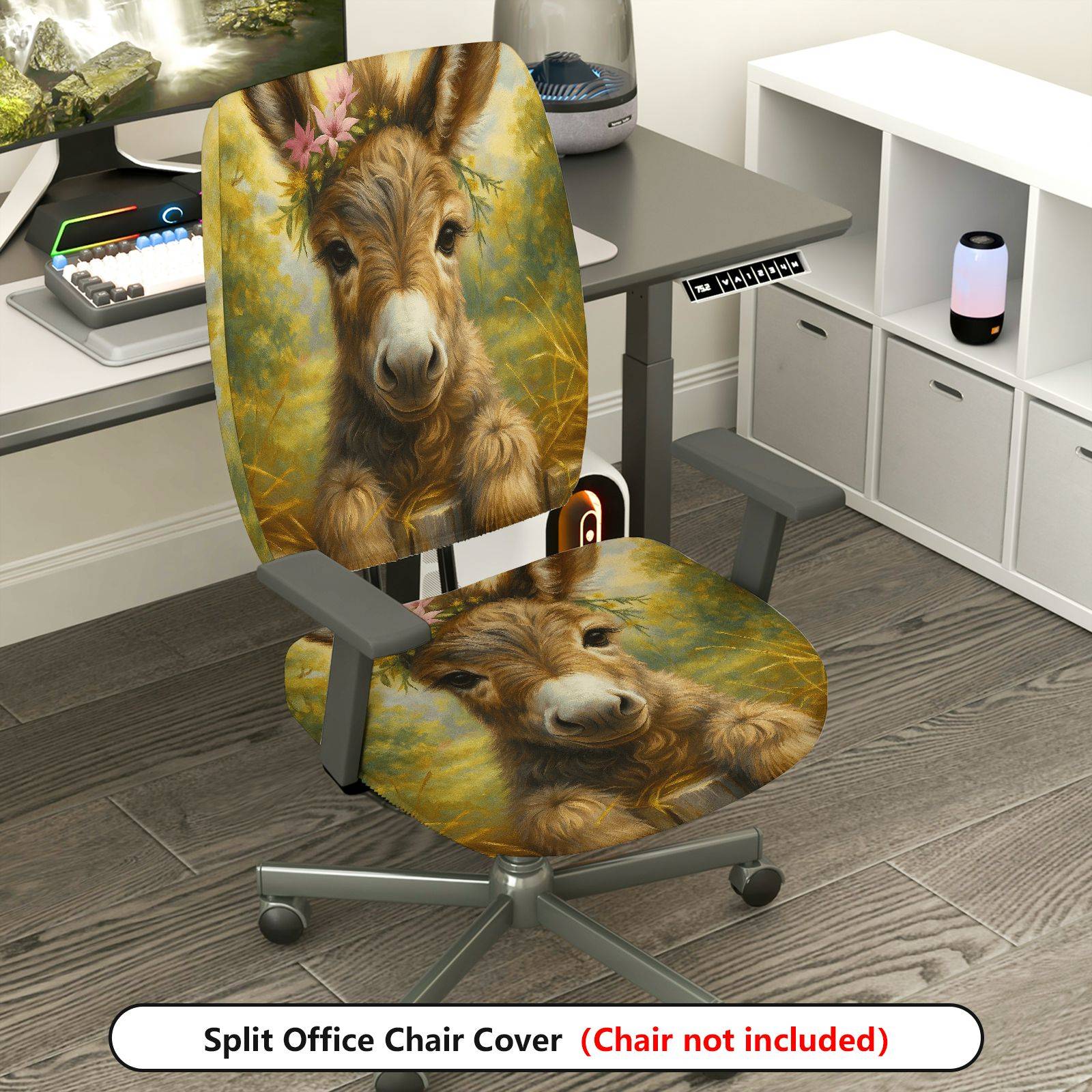 2-Piece Animal Floral Donkey Art Printed Decorative  Computer Chair Cover Set, Seat and Backrest