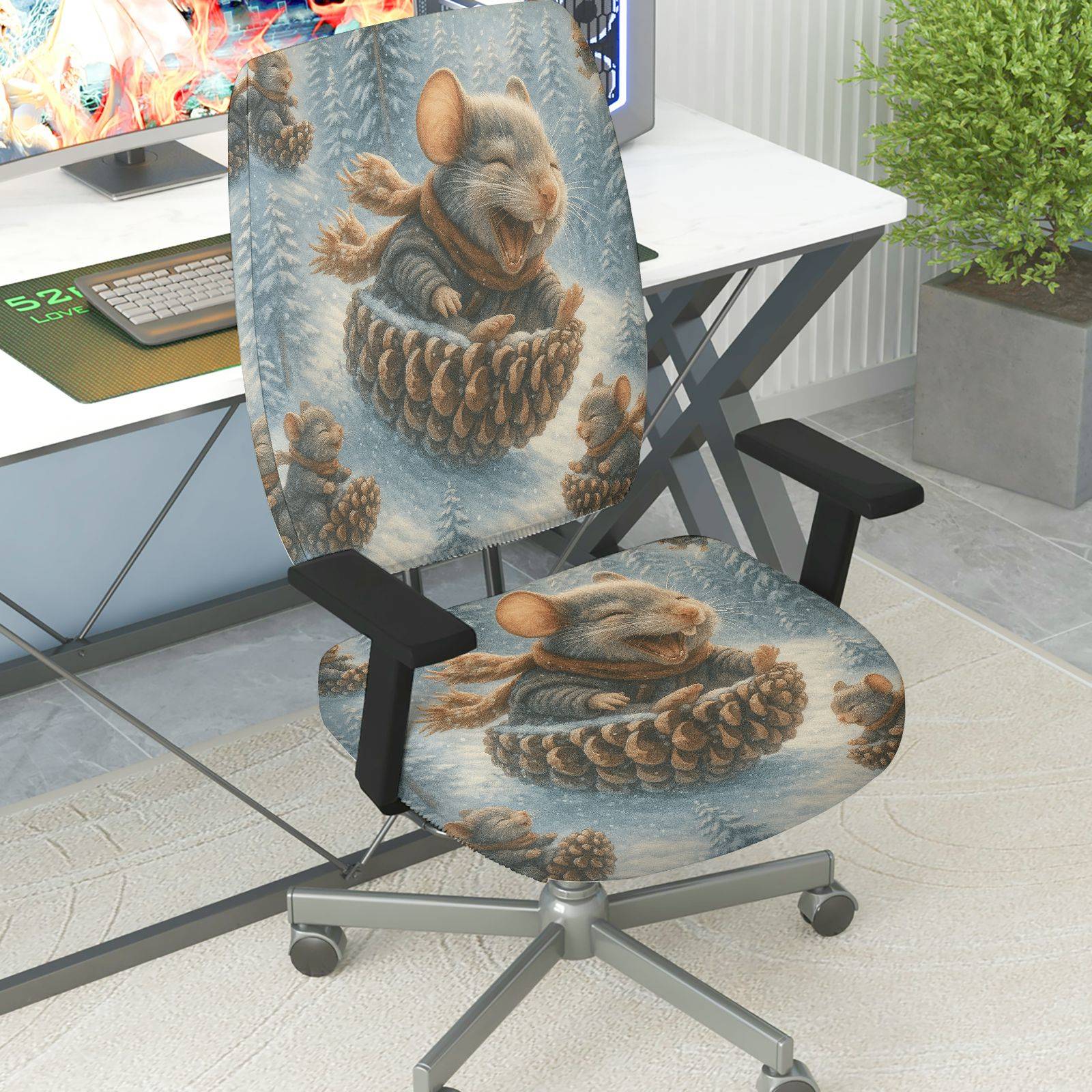 2-Piece Animal Winter Festive Decorative Cozy  Computer Chair Cover Set, Seat and Backrest