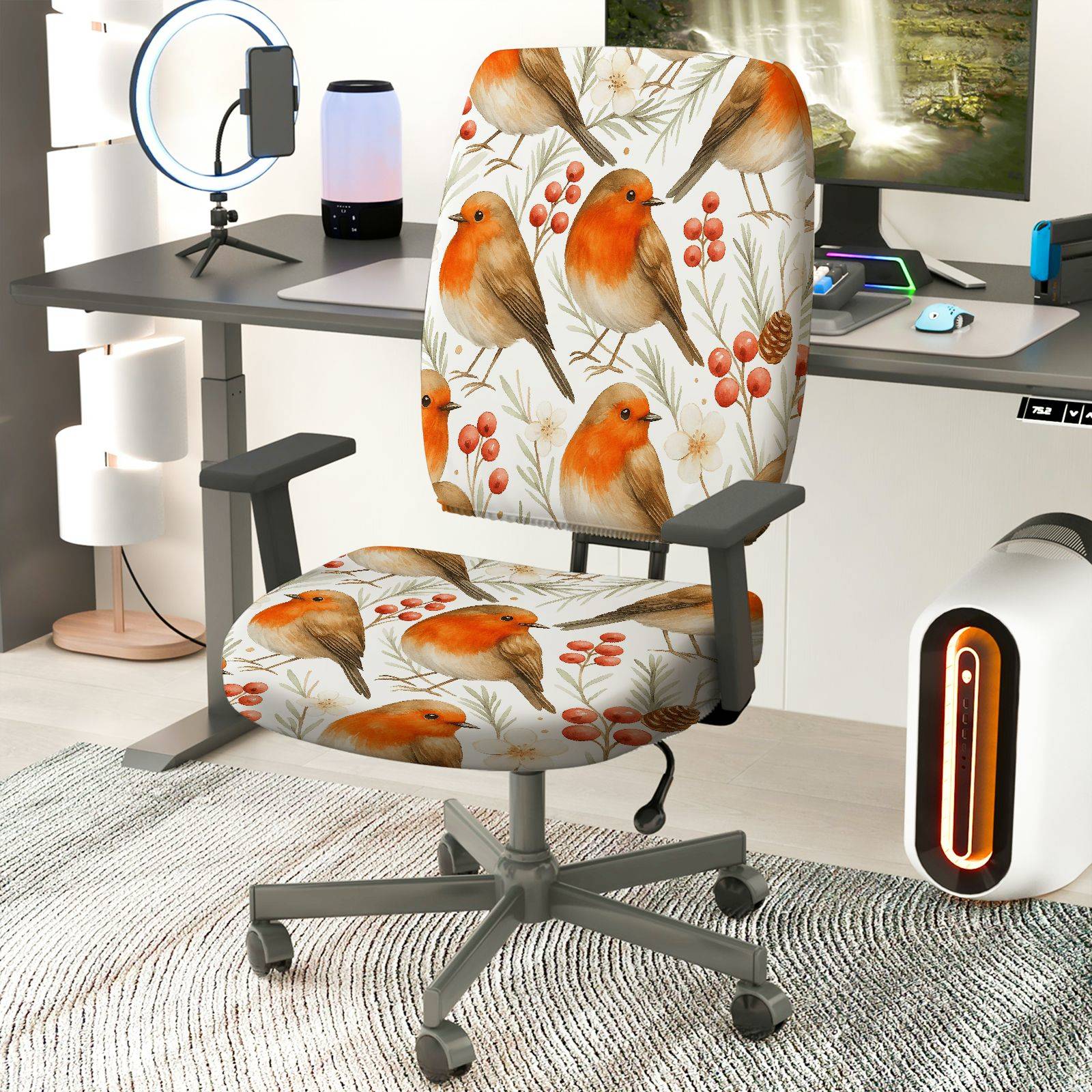 2-Piece Christmas Robin Bird Berry Tree Flower  Computer Chair Cover Set, Seat and Backrest