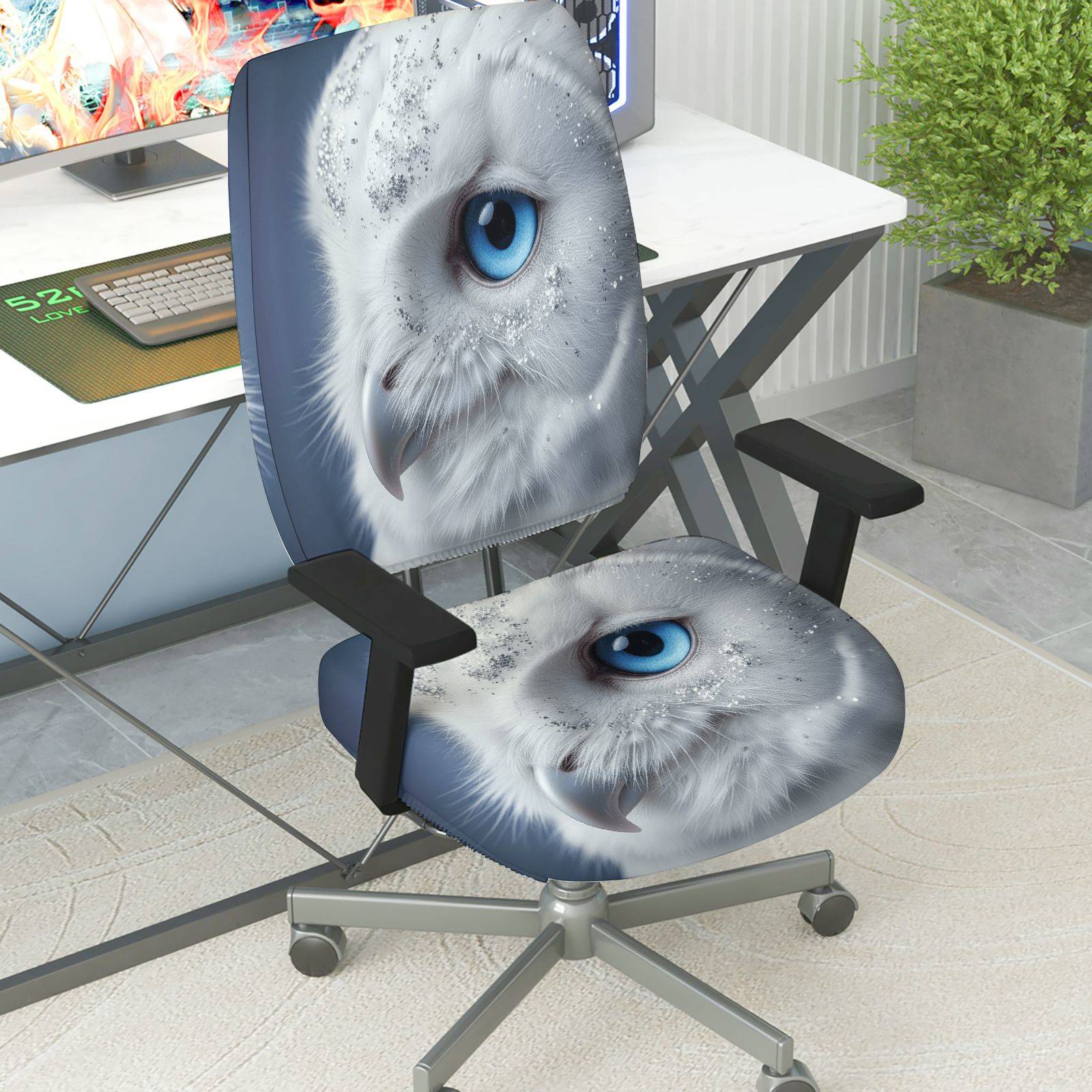 2-Piece Animal Owl Blue Eye Snow Glitter  Computer Chair Cover Set, Seat and Backrest