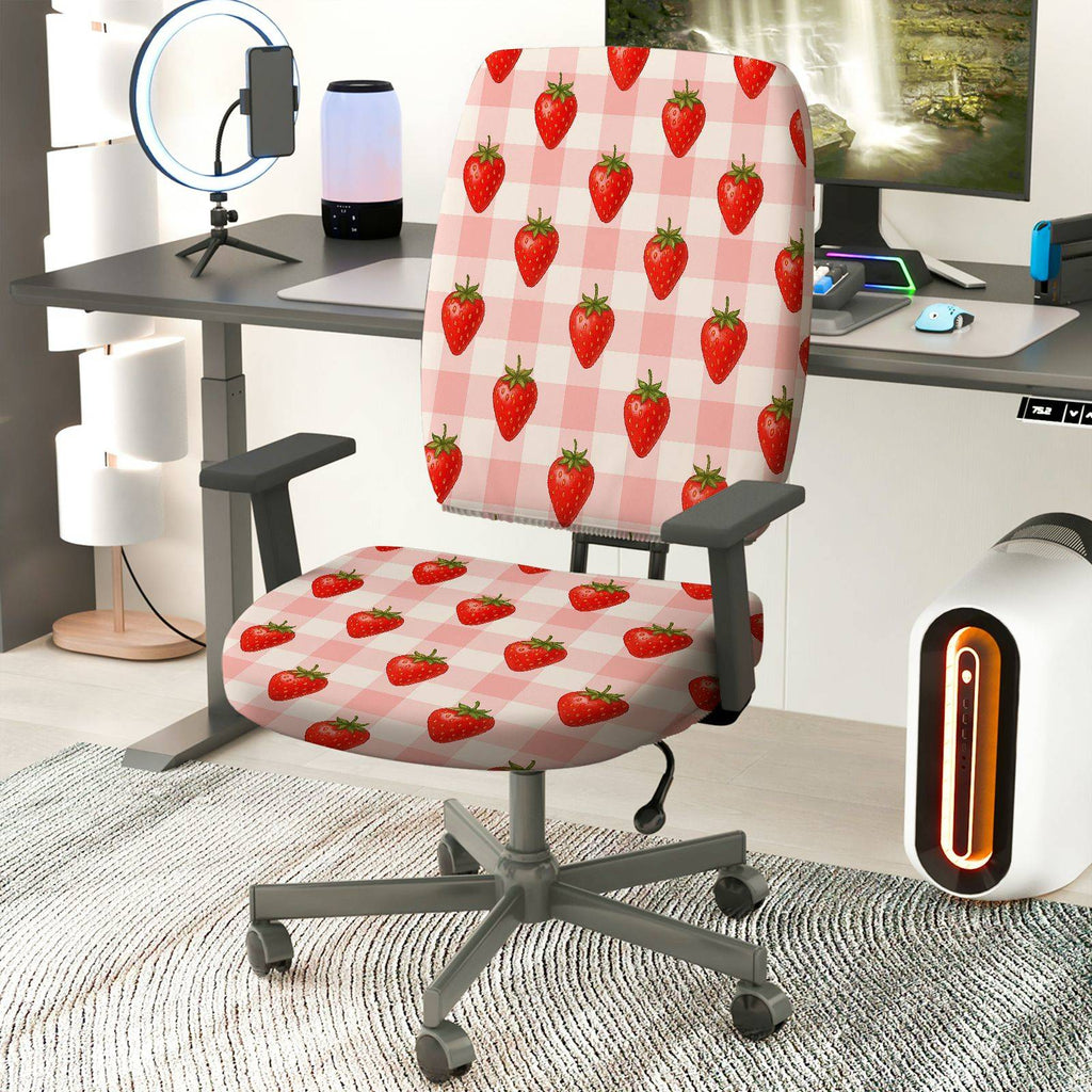 2-Piece Strawberry Checkered Pattern Red Fresh  Computer Chair Cover Set, Seat and Backrest
